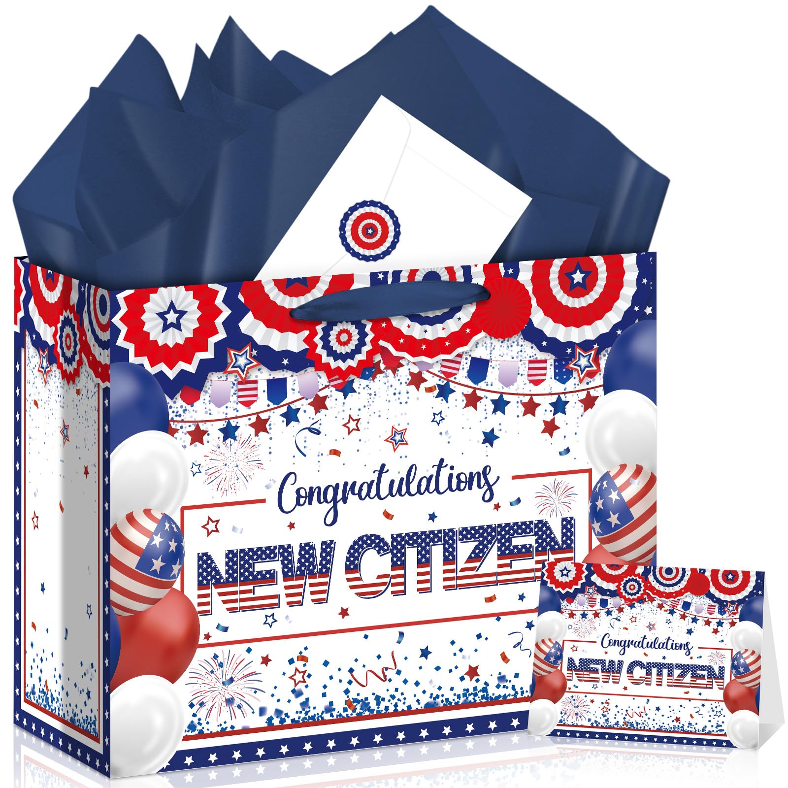 Allparty New American Citizen Gift Bag Citizenship Gift Bag with Wrapping Paper Card Sticker Envelope Blue White and Red New Citizen Party Favors Congratulations Gifts Presents for New US Citizens