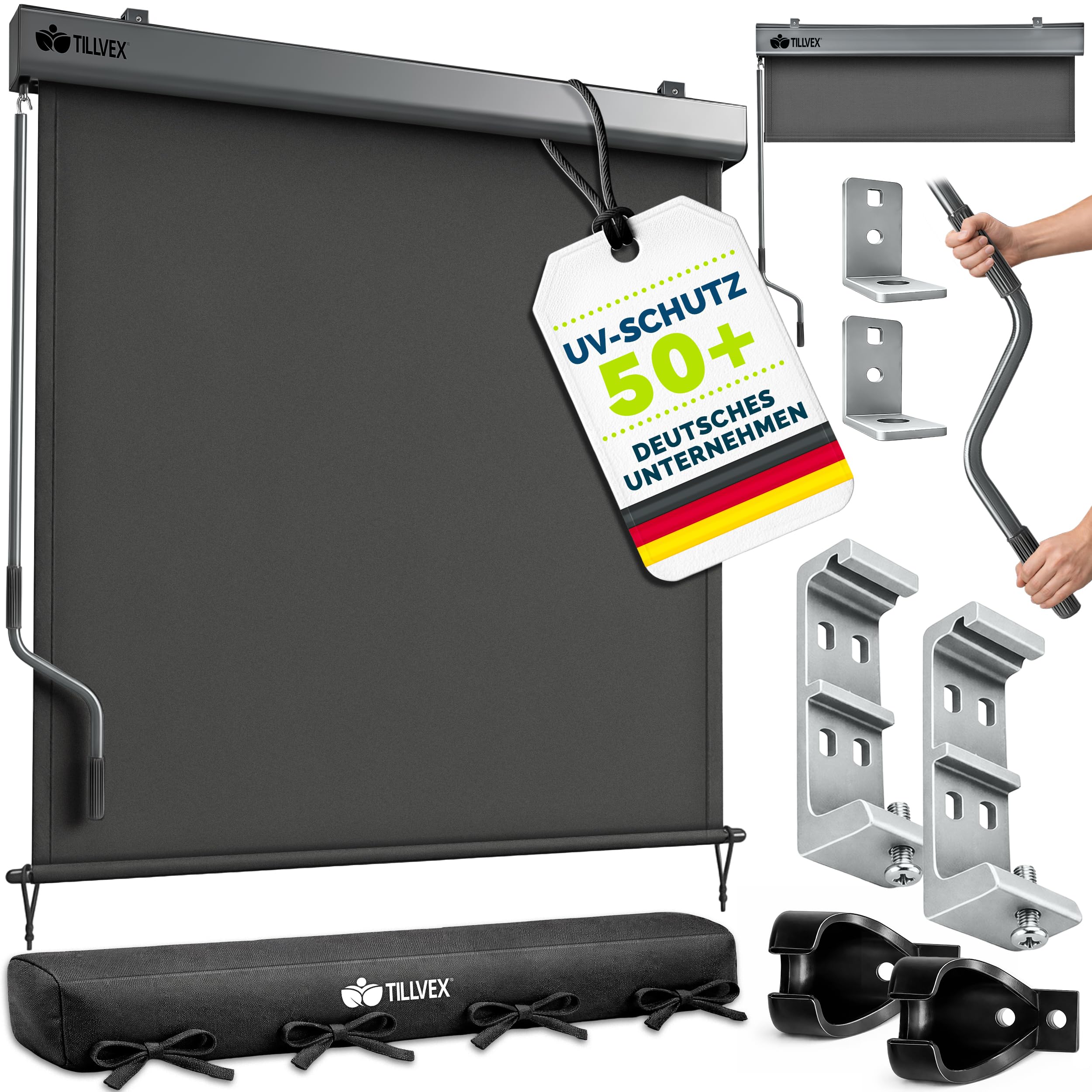 tillvex® Senkrechtmarkise 200 x 250 cm für Außen- und Innenbereich mit Regencover | Außenrollo wasserfest mit Handkurbel für Balkon, Terrasse & Garten | Balkonrollo Sonnenschutz Sichtschutz Aluminium