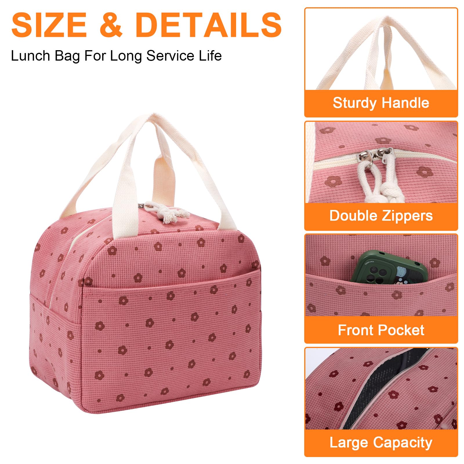 Risipu Insulated Lunch Bag for Women Kids Reusable Leakproof Children's Cooler Bag Lunch Box Bags for Girls Work School BBQ Picnic (Pink-Flower) - Image 2