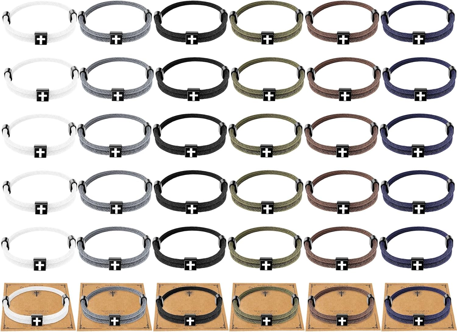 VZZNN Bulk Braided Cross Bracelet Set - 6 Colors, 5 Pcs Each - Adjustable WWJD Jesus Rope Bracelet Religious Gifts for Men & Women, Church Groups, Bible Study, Bulk Christian Wristbands
