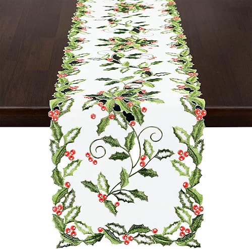 Camino de mesa bordado de hojas de acebo y bayas para vacaciones de Navidad (14 x 70 pulgadas)