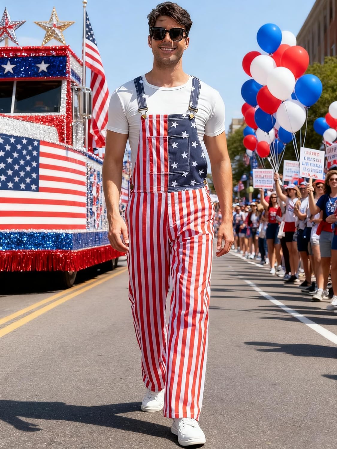 Mens American Flag Overalls Denim Bib Shorts Romper Adjustable Strap with Pockets - Image 4