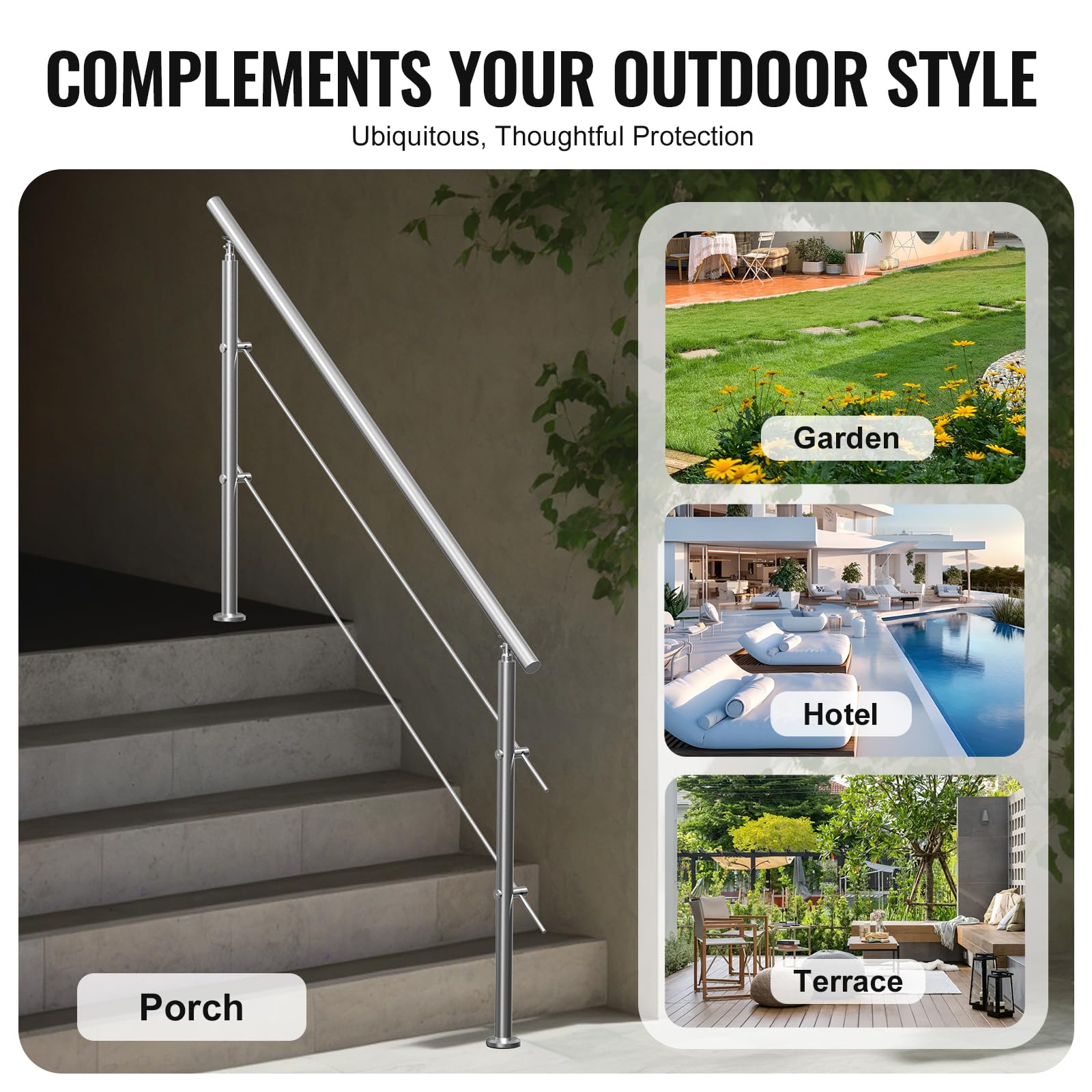 VEVOR Corrimano per Gradini Esterni, Kit Corrimano per Scale 2 Traverse 180 cm Lunghezza, Ringhiere Transizione Acciaio Inox Kit Installazione, Corrimano Scale Doppia Colonna per Veranda e Terrazza