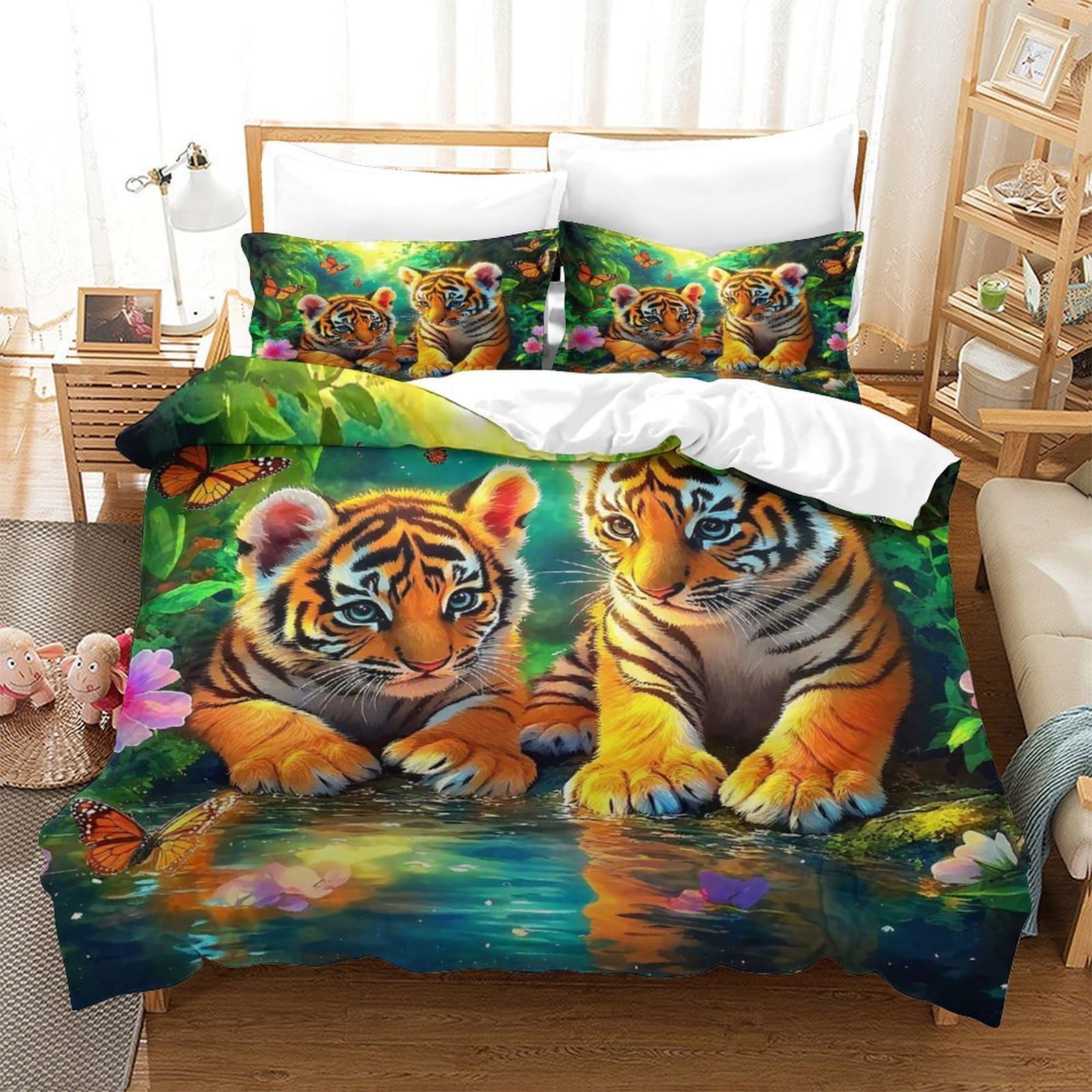 Qtivarlen Style-4 Tiger Duvet Cover 3 Pcs With Pillowcases Hotel Quality Microfiber Hidden Design Ultrasoft Easy Care King（220X240cm）