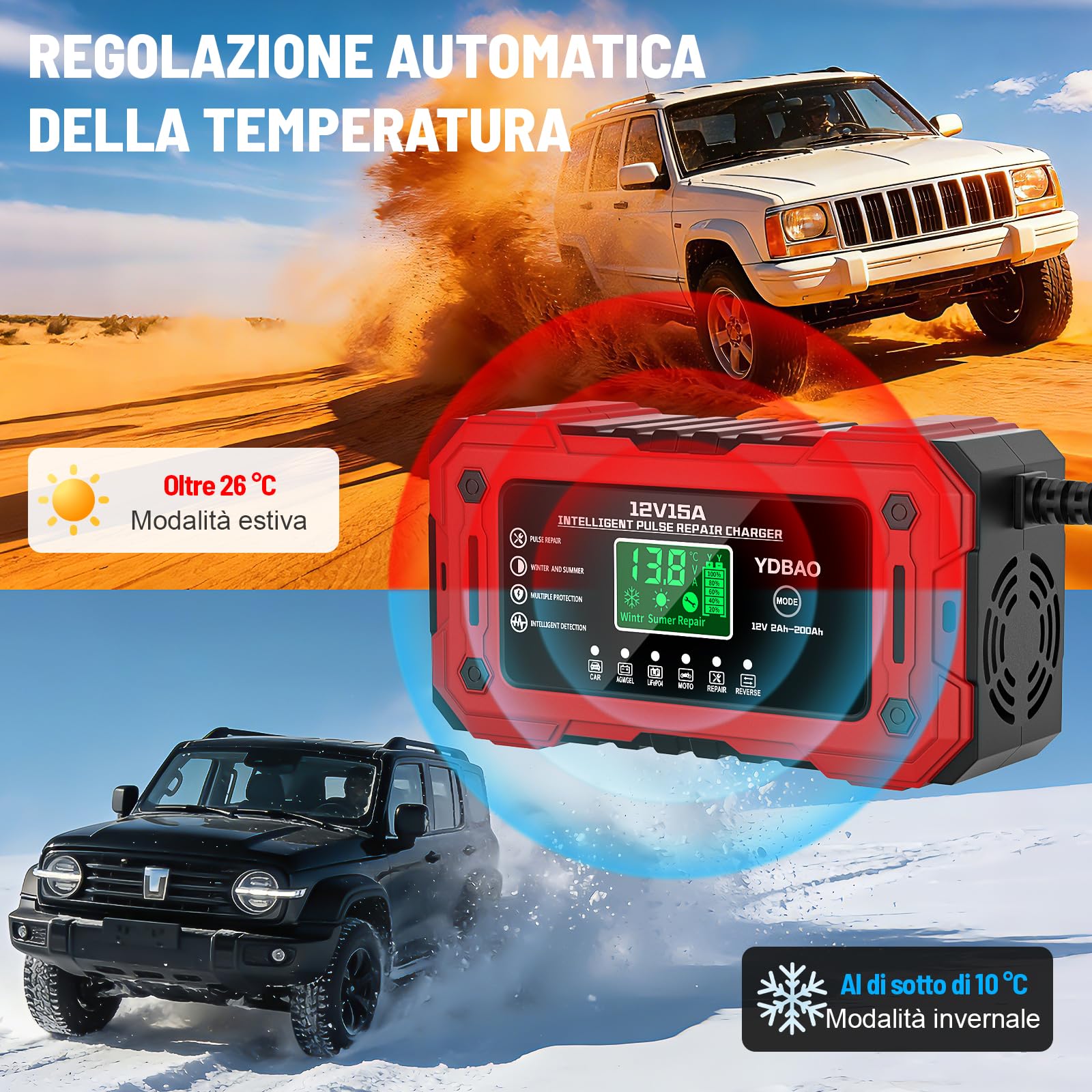 YDBAO 15A Caricabatteria per Auto 12V 15A Caricabatterie Intelligente Completamente Automatico da Auto con Display LCD con Compensazione della Temperatura per Moto Auto Batteria AGM Barche