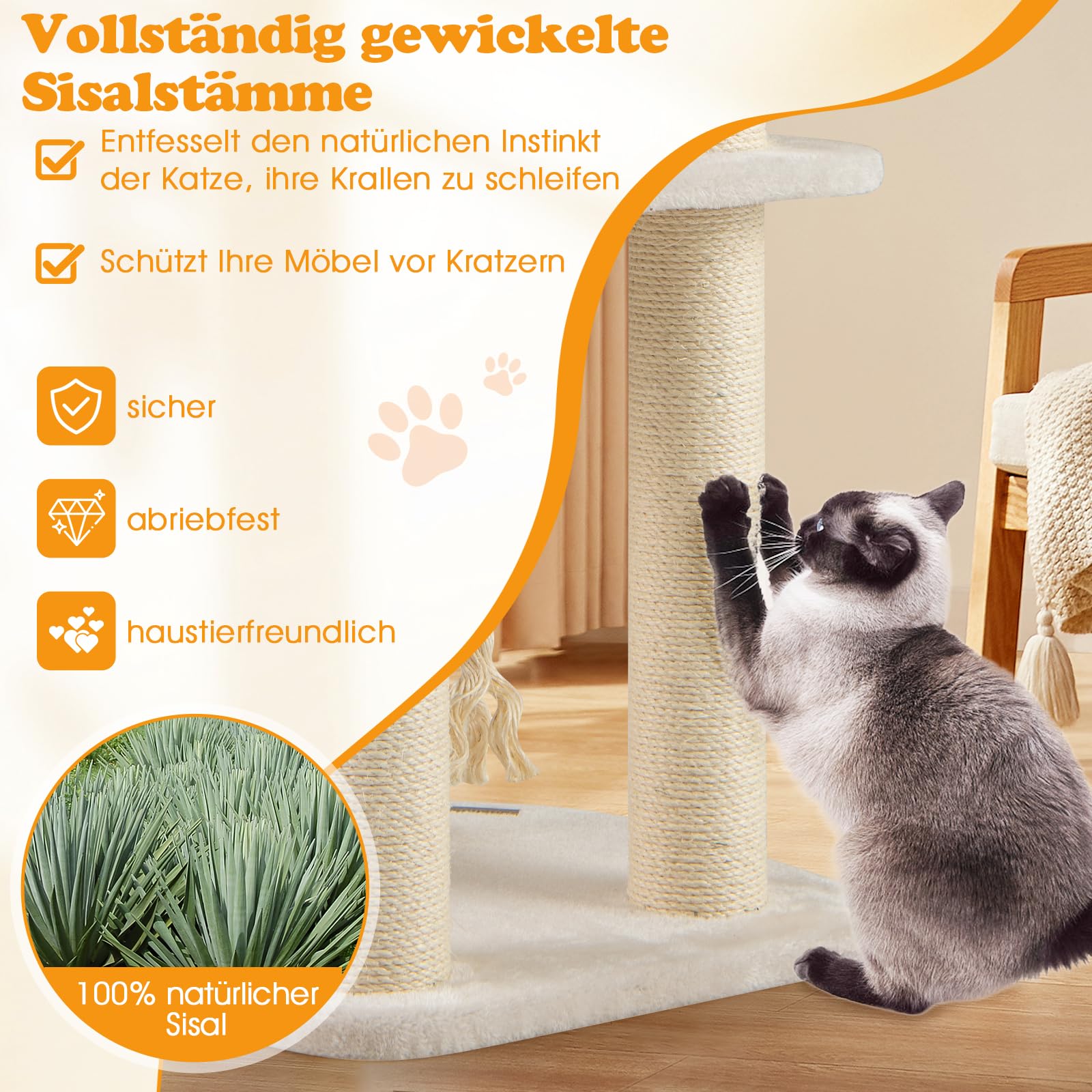 GOPLUS Kratzbaum, Katzenbaum mit Sisal-Säulen, Hängender Ball und eine Schlinge, geräumige Aussichtsplattform, Katzennest aus Stroh, Stabile Struktur, Kratzbrett Kletterbaum für Mehrere Katzen (Beige)
