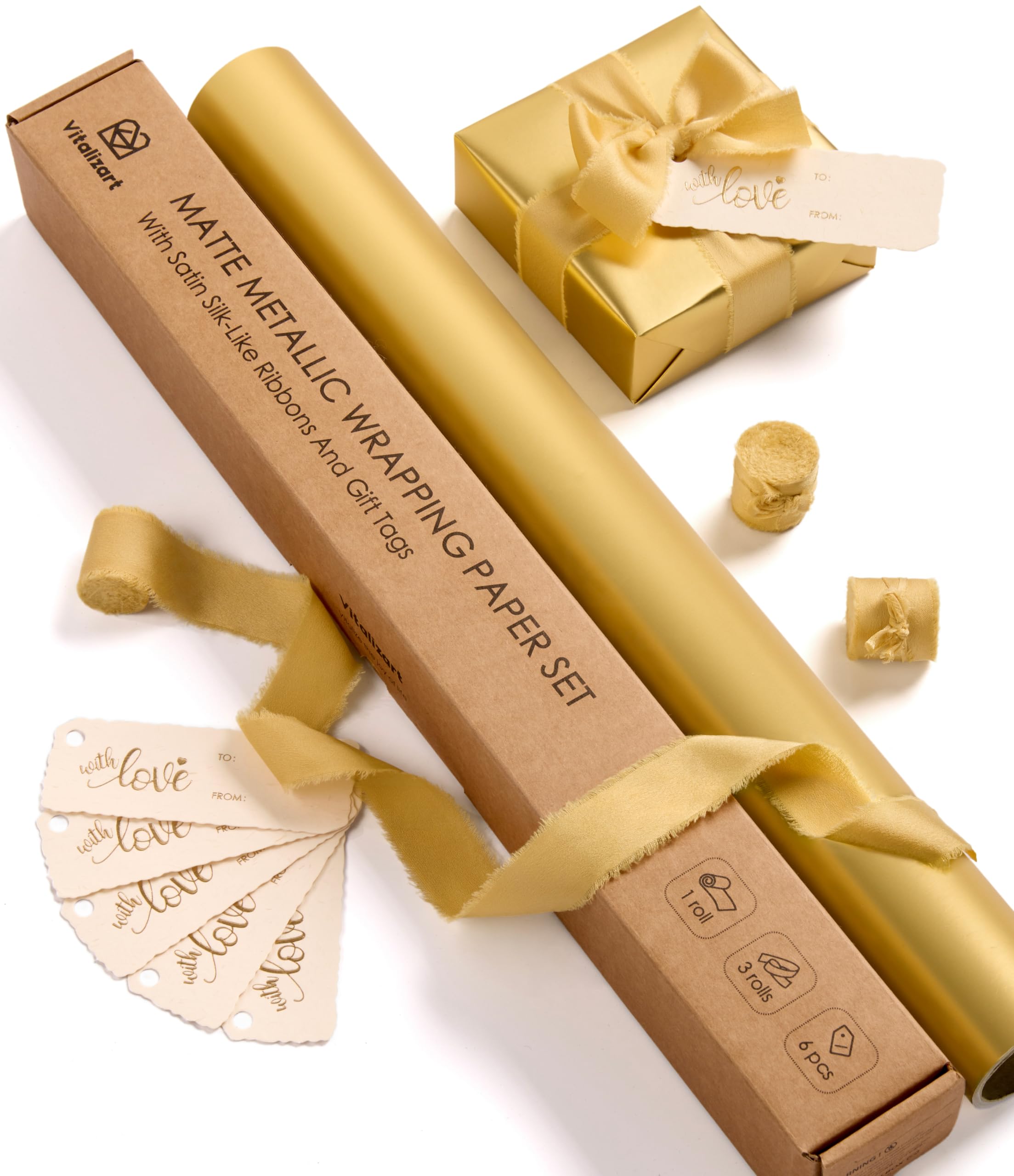 Vitalizart Gold Matte Metallic Wrapping Paper Set 17" With Silk Satin Ribbon & Gift Tags Christmas Gift Wrapping Birthday Baby Shower Wedding Bouquets