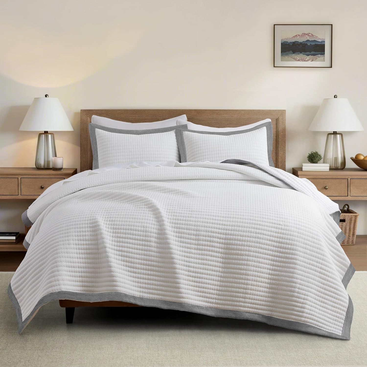 Bonlino White Quilt Set Oversized King Size - Farmhouse Soft Striped Stitch Bedding Bedspread Coverlet Summer Lightweight Quilt Bed Sets with 2 Pillow Shams for Home All Season with Grey Border