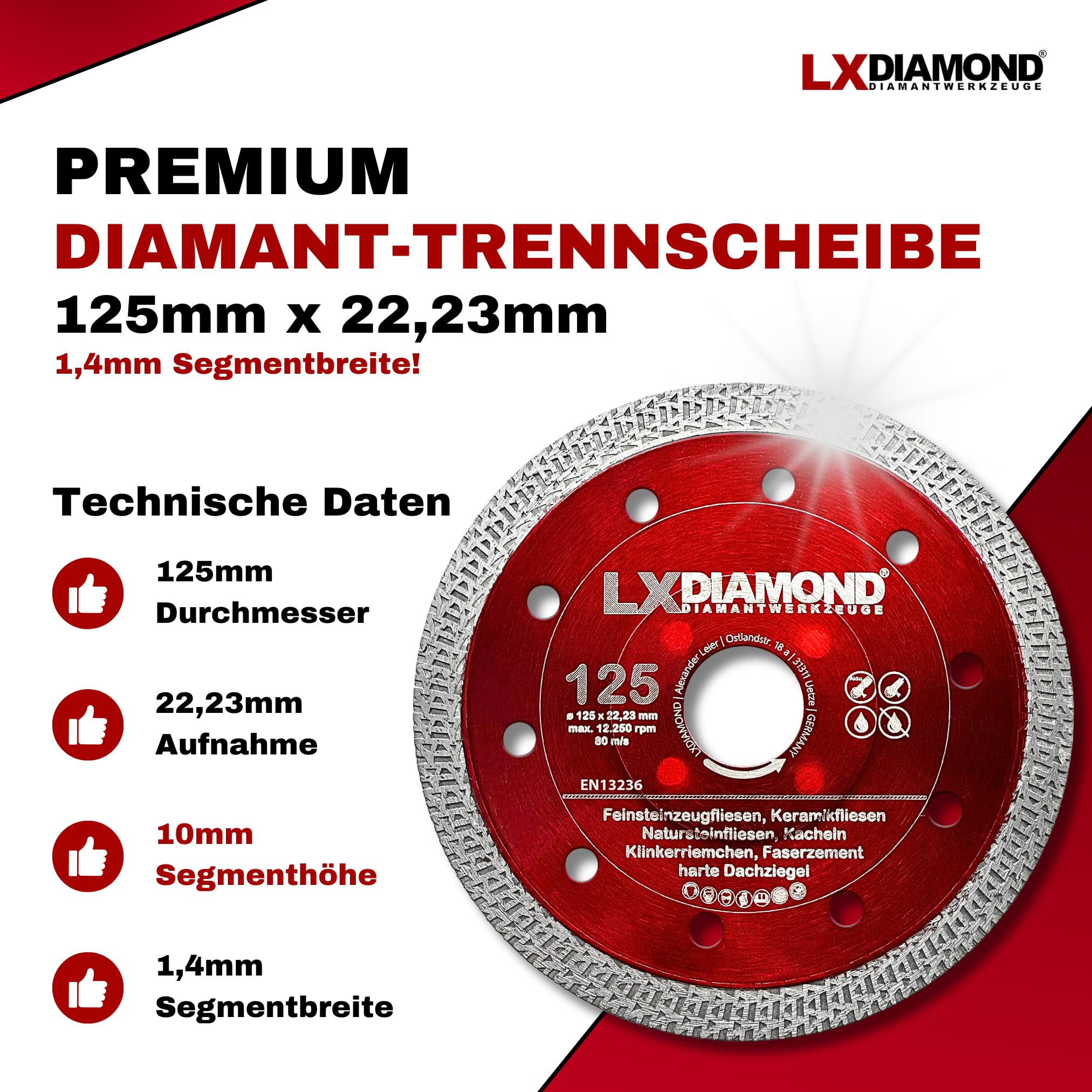 Diamant-Trennscheibe 125mm x 22,23mm - Diamantscheibe für Feinsteinzeugfliesen Fliesen Natursteinfliesen - Segmentbreite 1,4mm dünn - Premium Trennscheibe 125 mm für Winkelschleifer