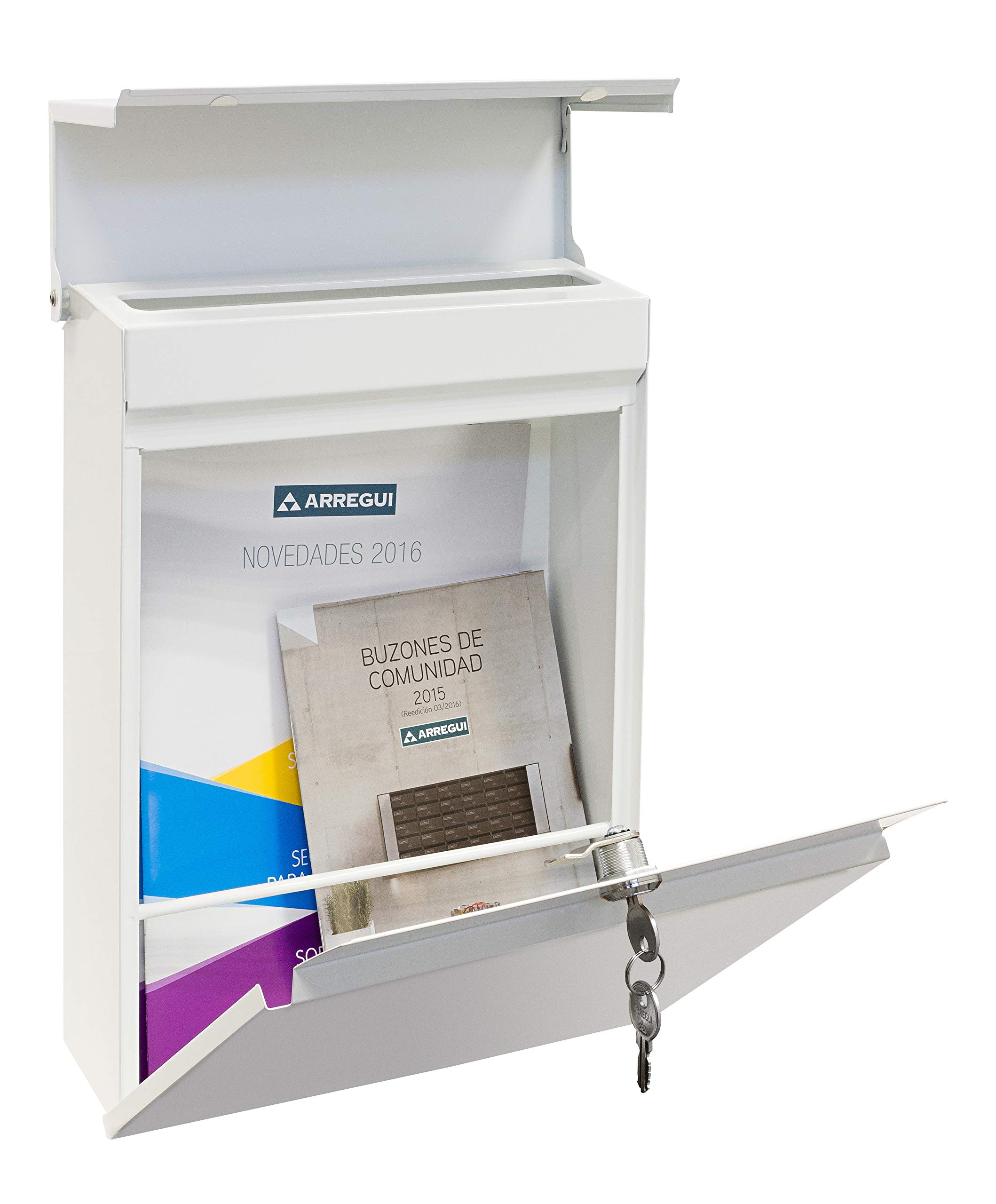 ARREGUI Figure E6701 Buzón Exterior de Acero, Tamaño M (Correo DIN A4 y Revistas), Buzón de Correo con Cerradura Tapada, Buzón de Pared Mediano, Antilluvia, Fácil de Instalar, Blanco