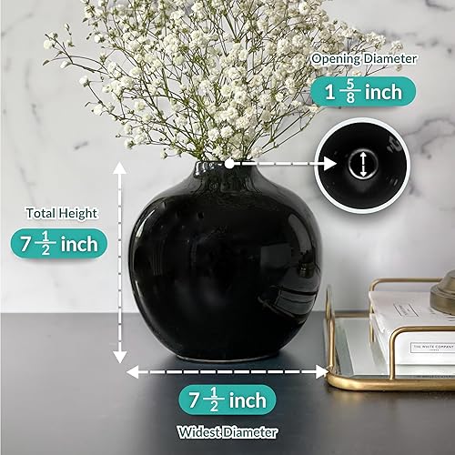 Miniatura 2 de Jarrón grande de cerámica negra de 7.5 pulgadas con acabado brillante, jarrones negros para centros de mesa, jarrones negros para decoración del