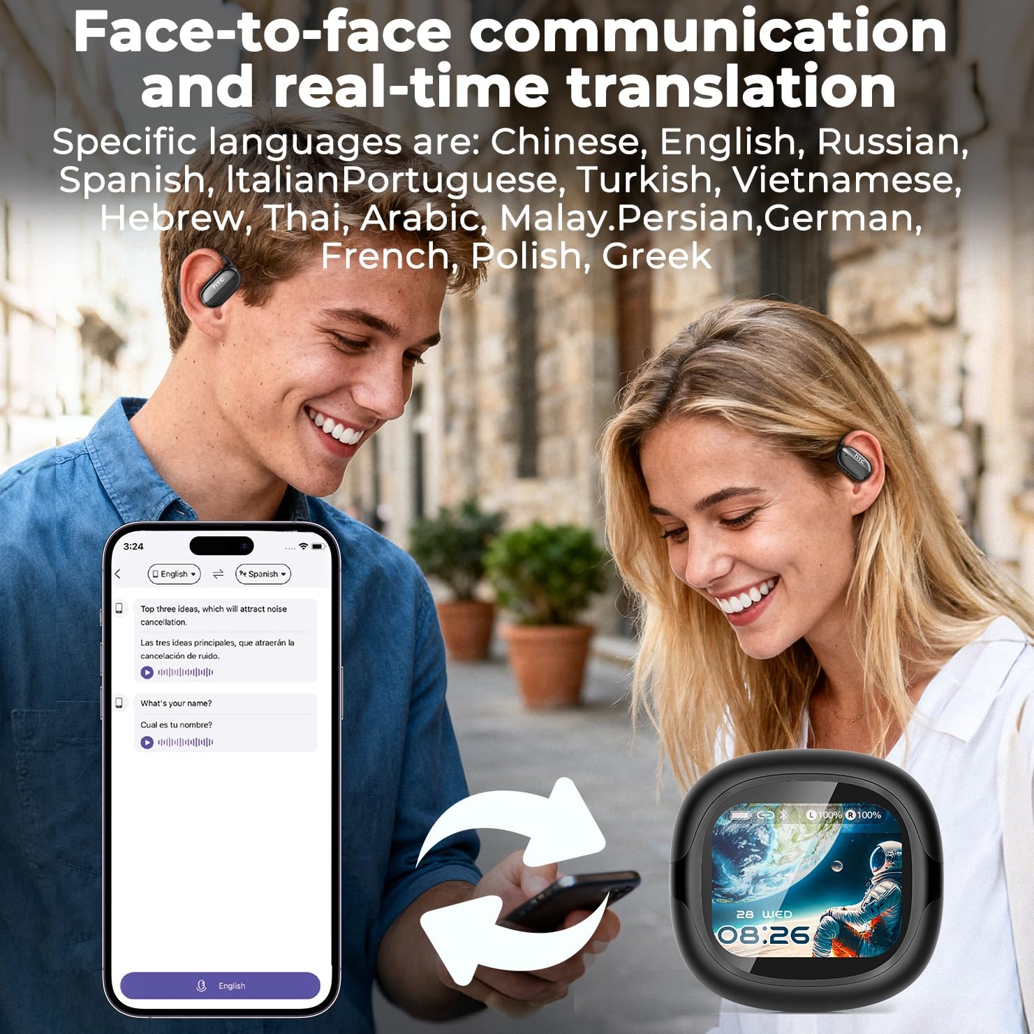 NE58 Open Ear Übersetzer Kopfhörer Echtzeit, 134 Sprachen Sprachübersetzer Kabellos mit Ohrhaken, Bluetooth 6.0 Open-Ear Kopfhörer, LED Touchscreen Case, Noise Cancelling ，Schwarz