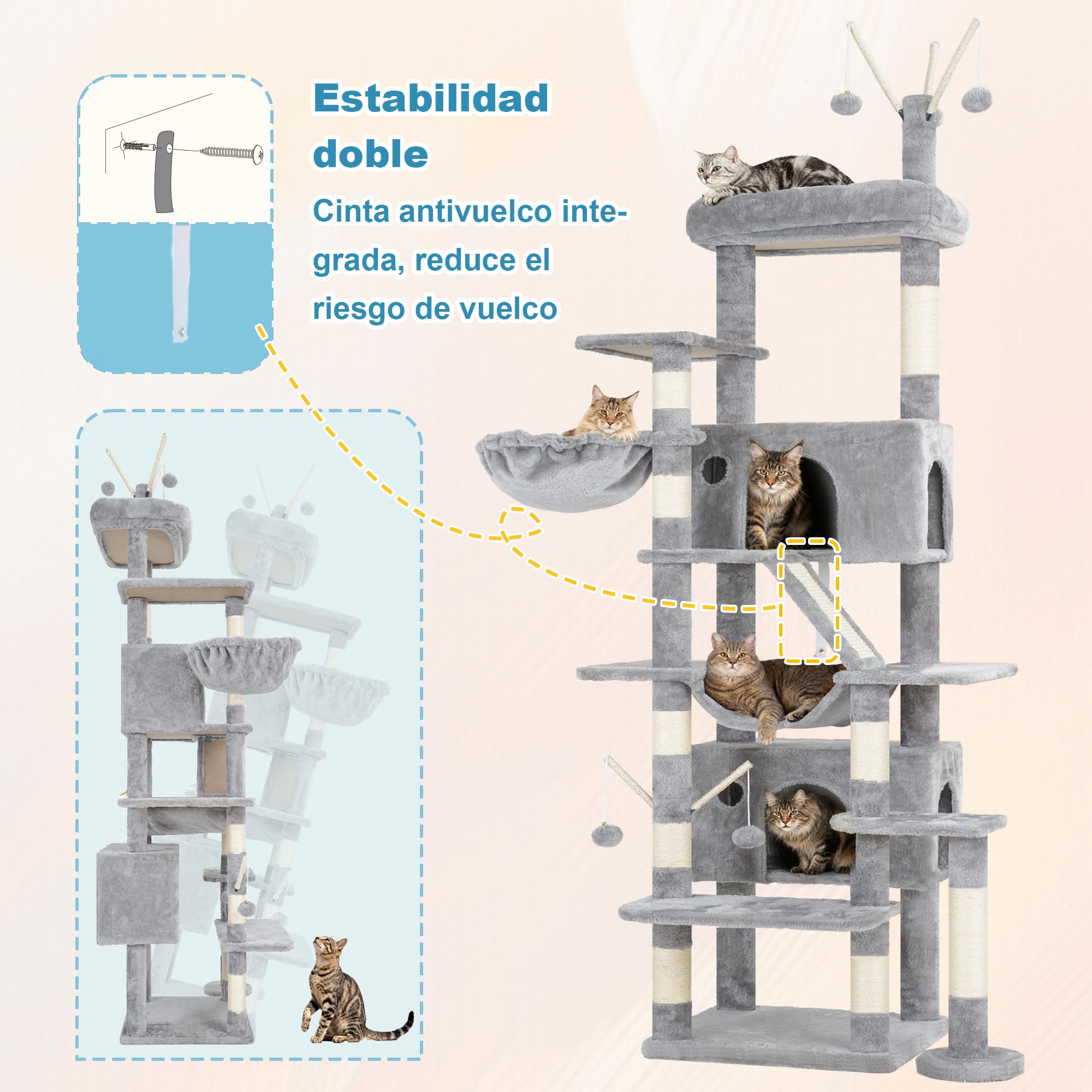 Hey-brother 210 cm Árbol para Gatos, Rascador para Gatos Grande Apto para hogares con Varios Gatos, Equipado con 2 Cuevas Grandes, Hamaca, Cesta y Varita Juguete extraíble, Gris Claro EMPJ082W