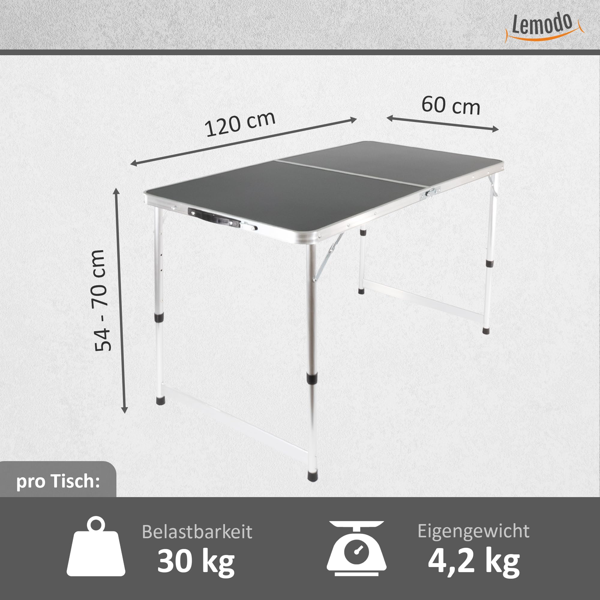 Lemodo Campingtisch schwarz klappbar | Klapptisch 3-Fach höhenverstellbar | Falttisch 120 x 60 cm | Leicht zu transportierender Partytisch | Koffertisch für Verschiedene Anwendungen