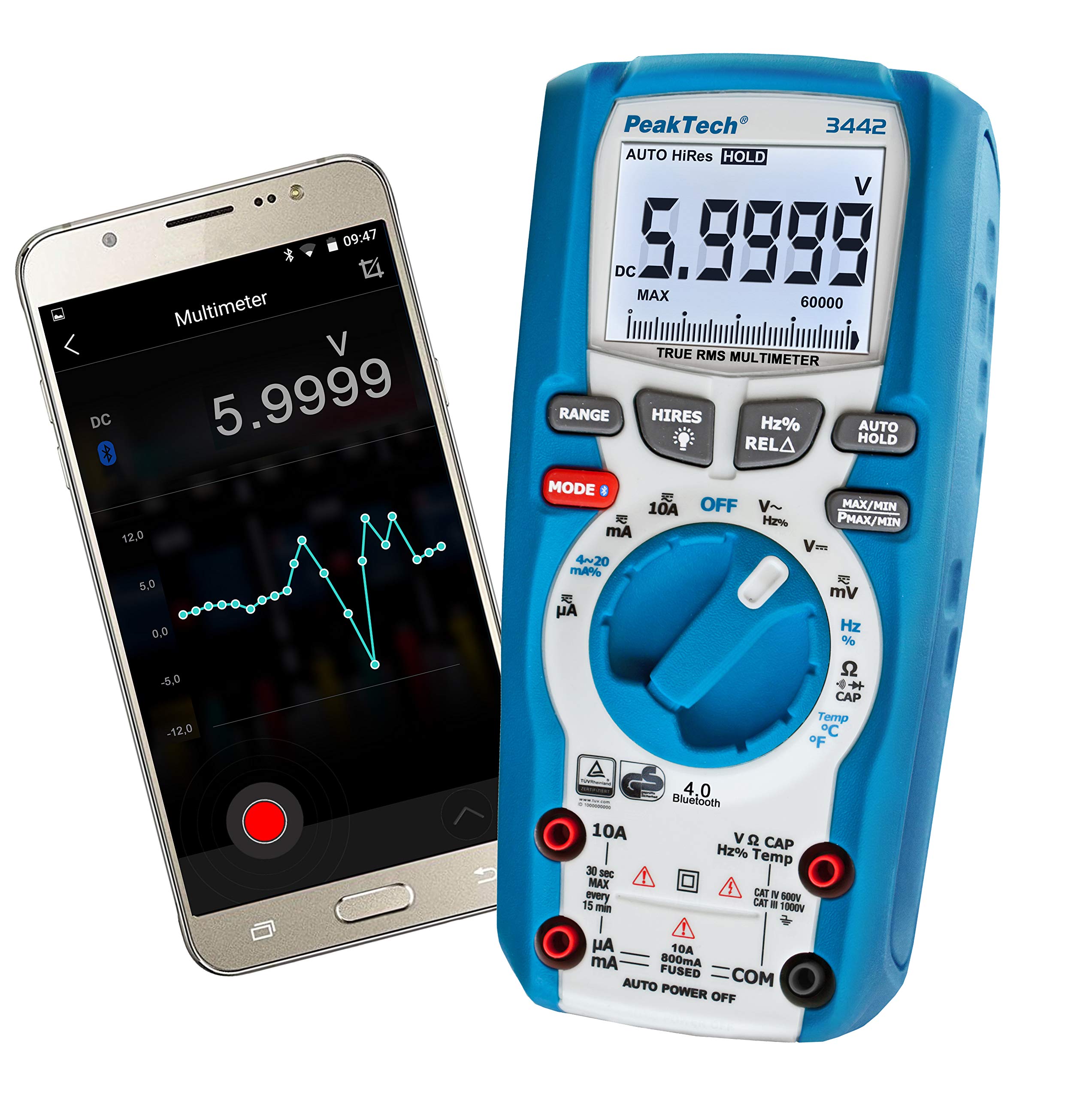 PeakTech P 3442 True RMS Digital Multimeter für Elektriker mit 60000 Counts & 4.0 Bluetooth, CAT III 1000V & P 8200 – Messzubehör Set für Digital Multimeter, Prüfkabel Set - 14-teilig inkl. Tasche