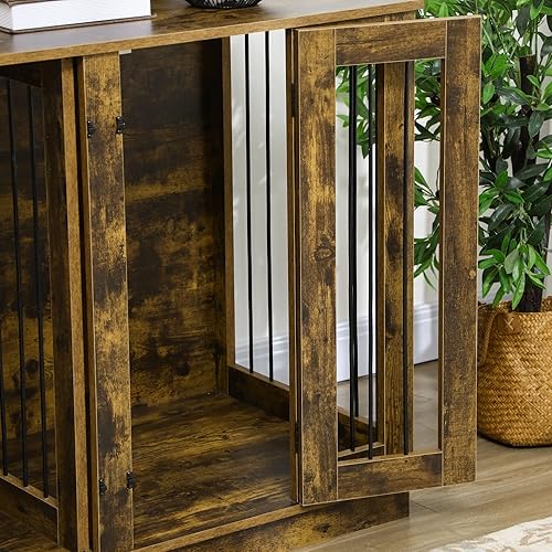 Miniatura 9 de PawHut Jaula grande para perro estilo mueble con panel extraíble, mesa auxiliar con diseño de dos habitaciones y dos puertas delanteras, marrón