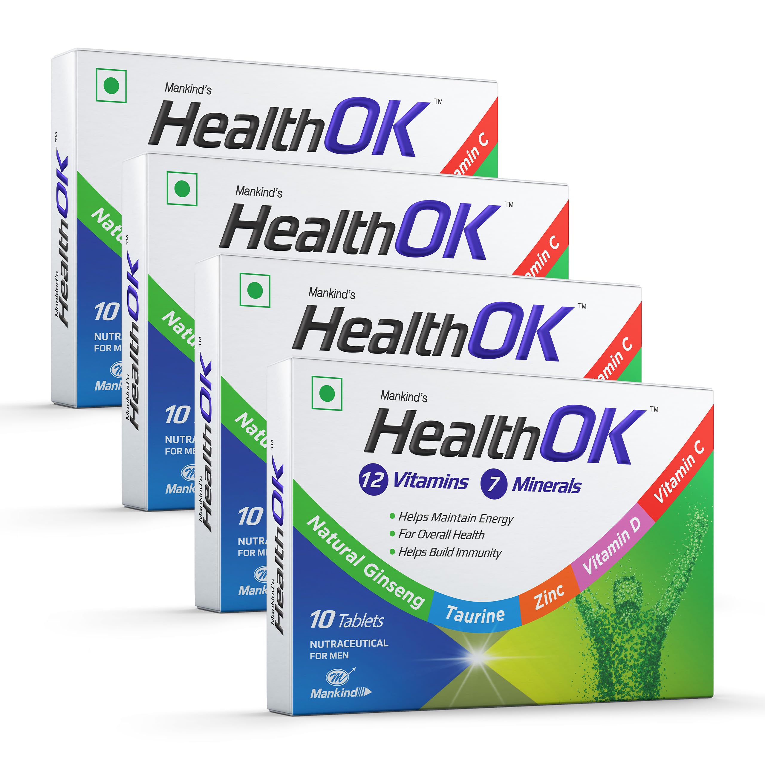 Health Ok Mankind's Multivitamin with Natural Ginseng & Taurine Power; Lemon Flavour,100% Vegetarian (4 x 10 tablets), 200 grams