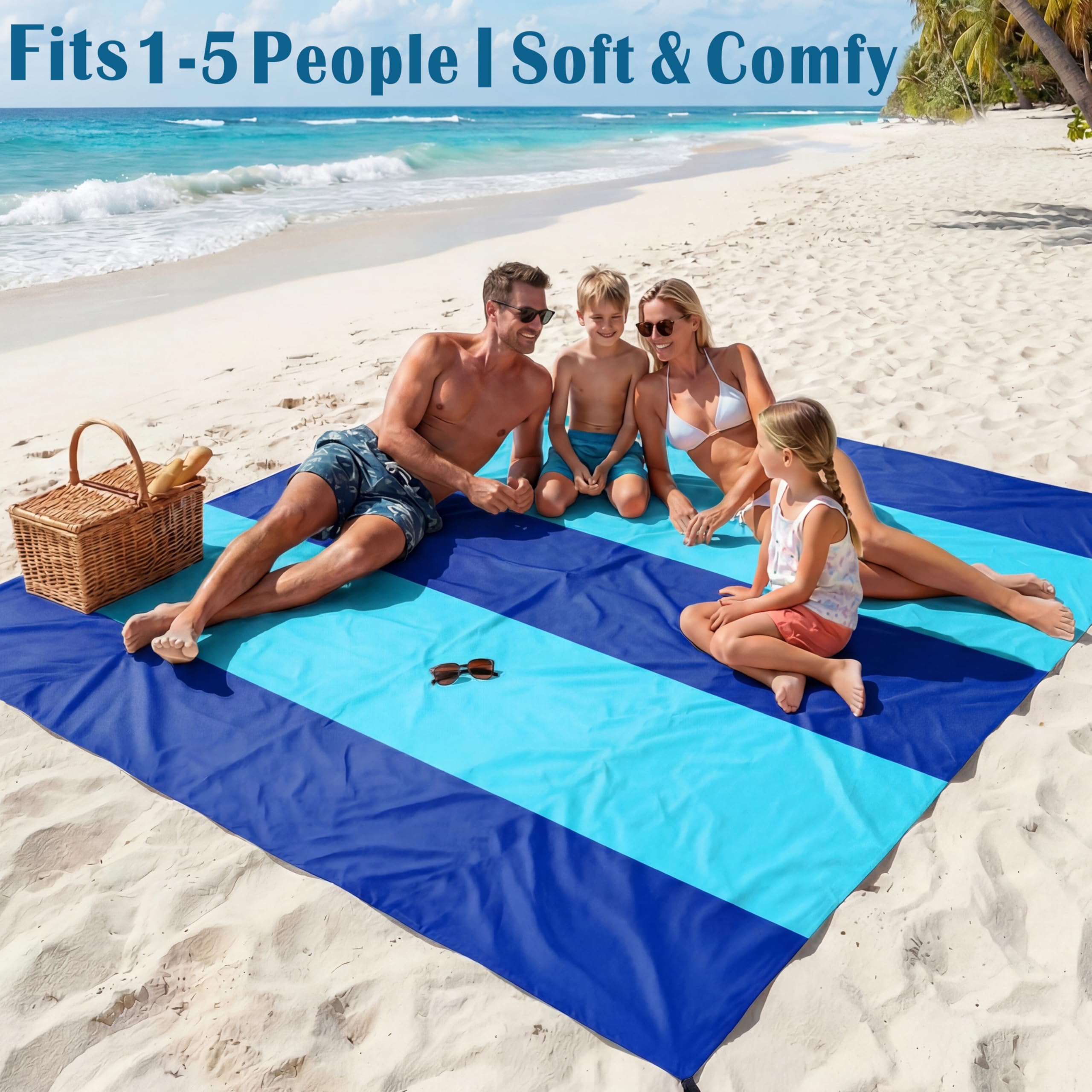 Famstar Koc plażowy oversize bardzo duży 198 x 205 cm, wodoodporny, odporny na piasek koc plażowy dla 1-7 dorosłych, lekki, trwały, na podróż, kemping, wędrówki, piknik