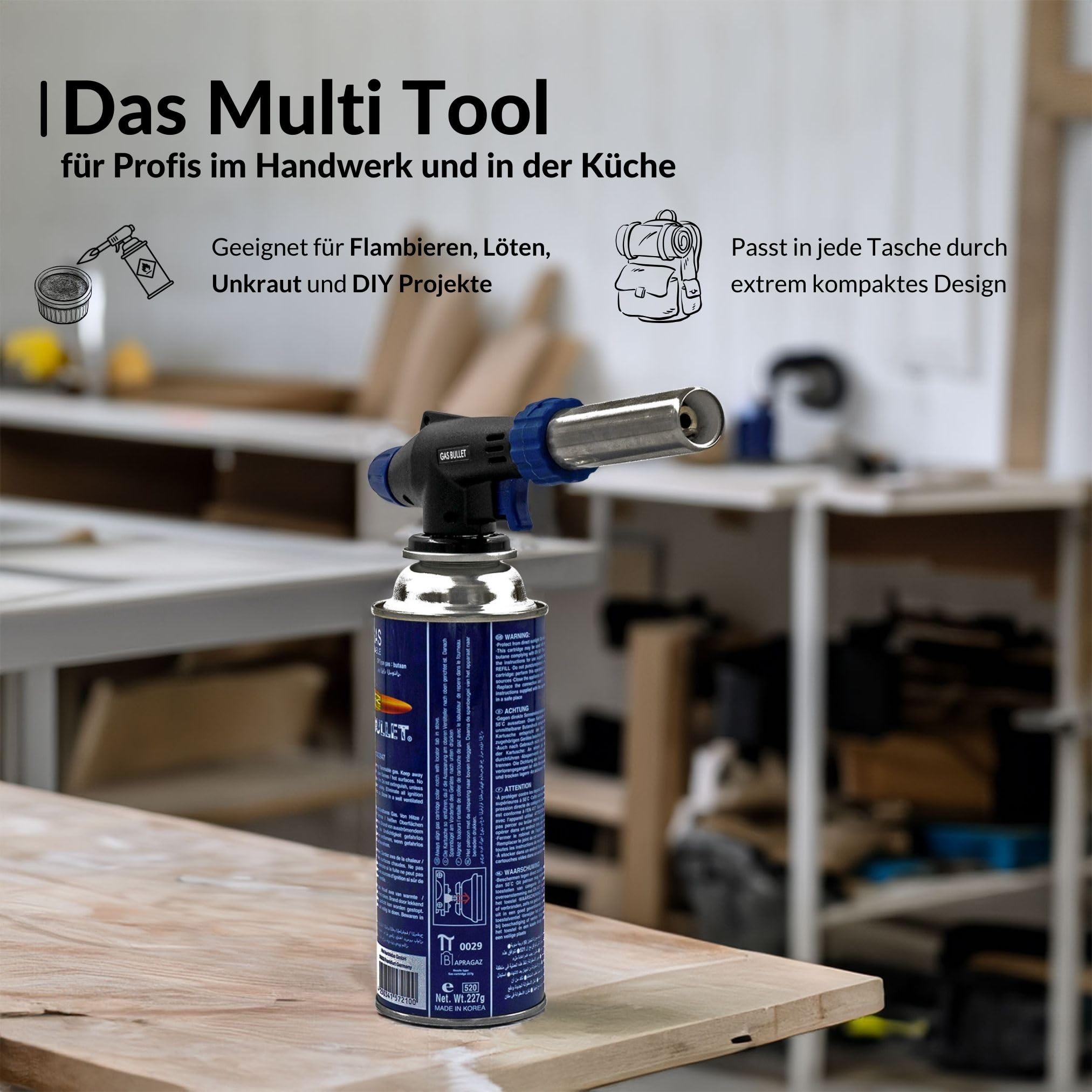 Lötbrenner 360° für Unkrautbrennen, Löten, Flambieren, DIY Projekte | geeignet für Bajonett Ventil Kartuschen (227g) | Schweißbrenner, Bunsenbrenner (Lötbrenner + 28 Kartuschen)