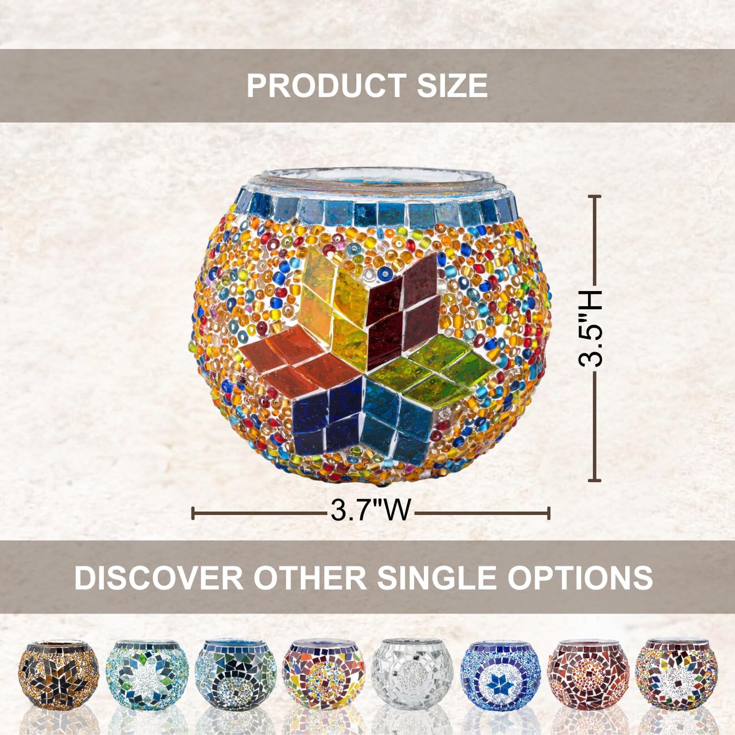 KAFTHAN Mosaic Glass Large Single Candle Holder - Round Bowl, Plant Pot, Votive Candle Holder - Decorative Vase & Unique Table Centerpiece for Wedding, Ball & Home - (3.7" x 3.5", Multicolor Star)