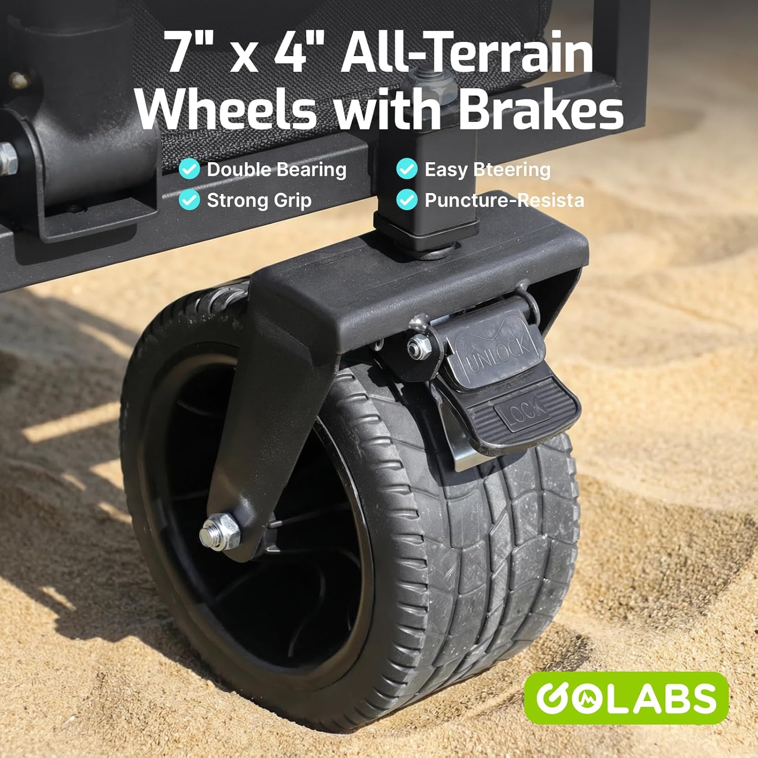 Golabs WA2 Wagon Cart Max 560lbs Load & Expandable Storage Max 280L(2 Side Strap), Heavy Duty Beach Wagon with Brakes, 7×4" Big All-Terrain Wheel, 3S Quick Fold Design for Garden & Camping & Beach