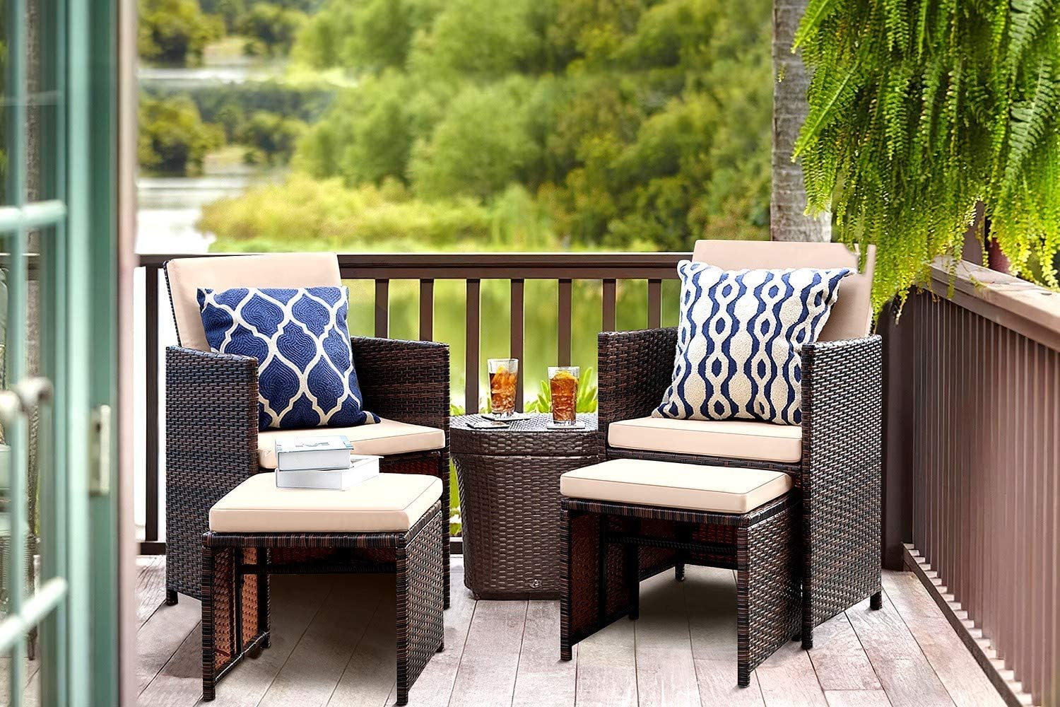 ROXXFLY 5 Piece Patio Furniture Set, Outdoor Wicker Rattan Conversation Set with Ottoman & Table, for Garden, Patio, Balcony (Roxxfly Furniture Set, Brown with Offwhite)