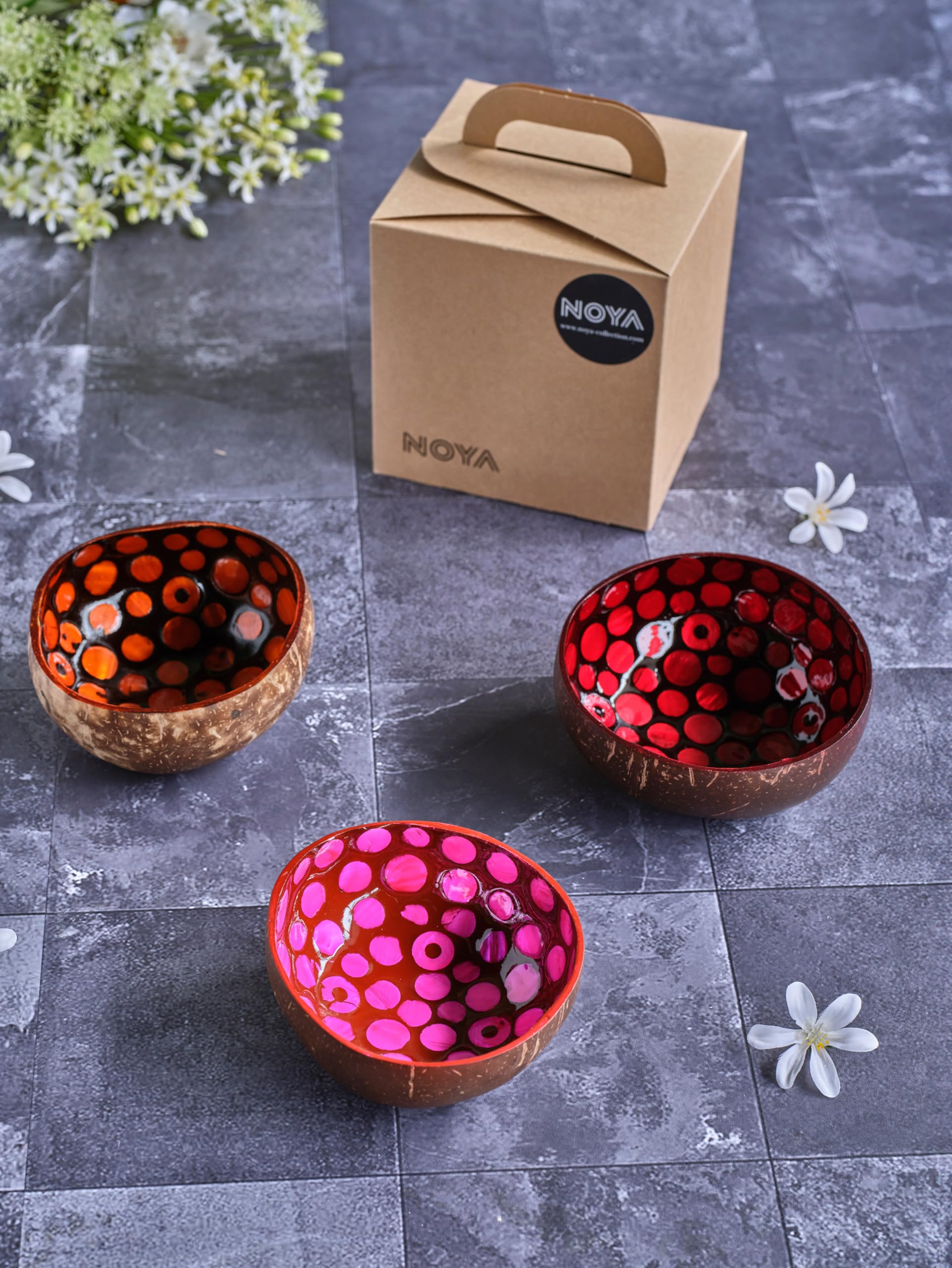 Noya Set di 3 ciotole in cocco di colori assortiti, D14 cm