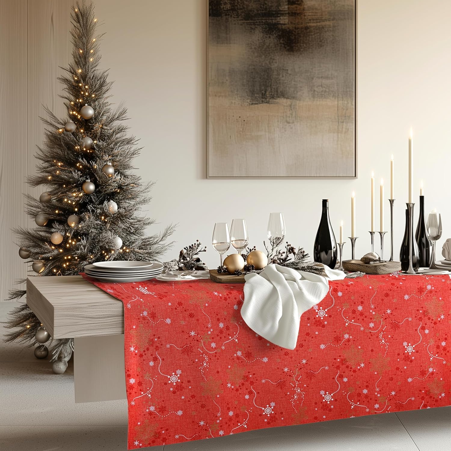 KP HOME Mantel Hule Navidad Rojo Rectangular Estilo Copo de Nieve de PVC Fácil de Limpiar - 200 x 140 cm - Mantel Rectangular de Vinilo Plástico Fácilmente Limpiable con Diseño de Navideno