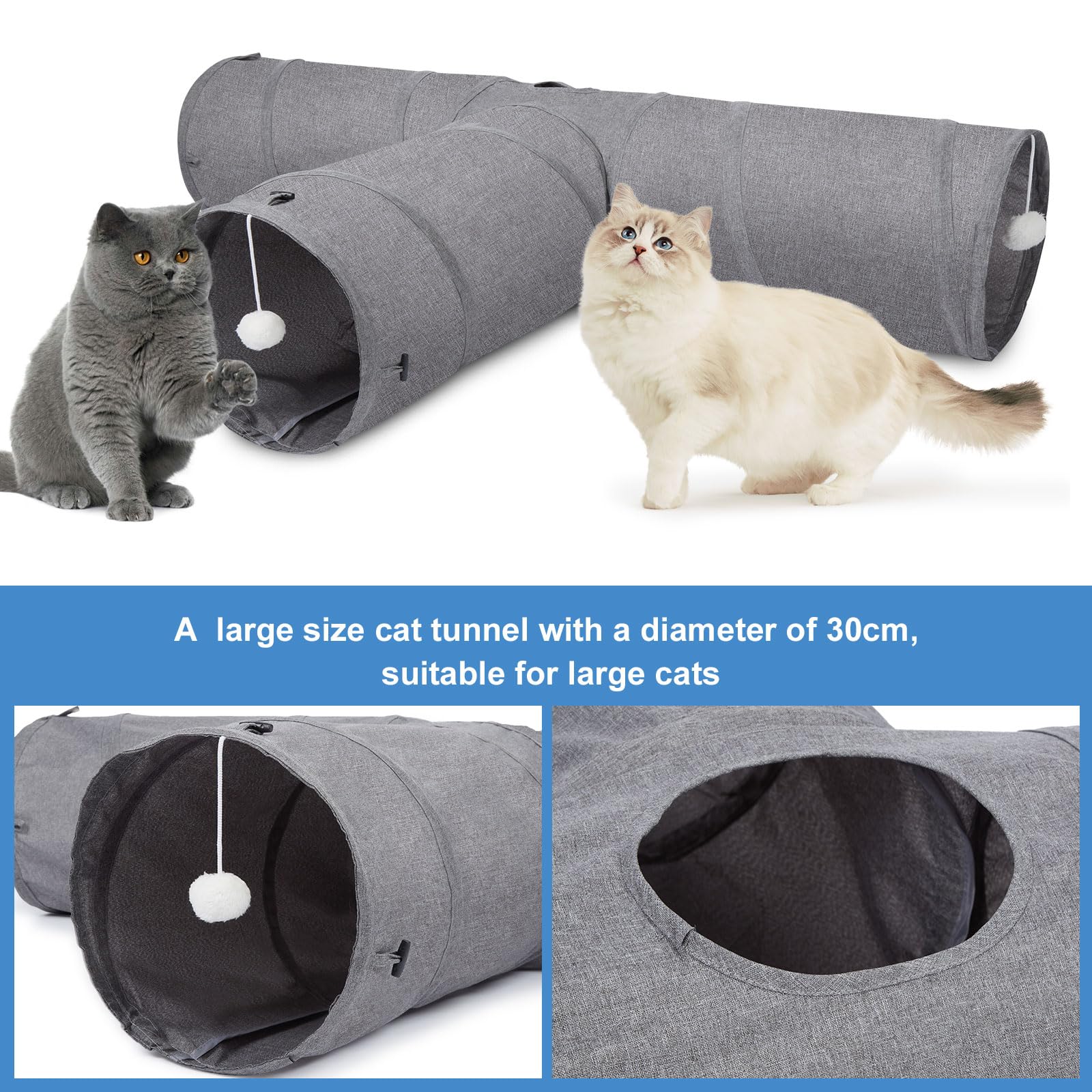 Ownpets Tunnel per gatti, grande tunnel per animali domestici a 3 vie con robusto tessuto Oxford, pieghevole e resistente agli strappi, con uscite multiple, palla sospesa e bacchetta teaser, diametro
