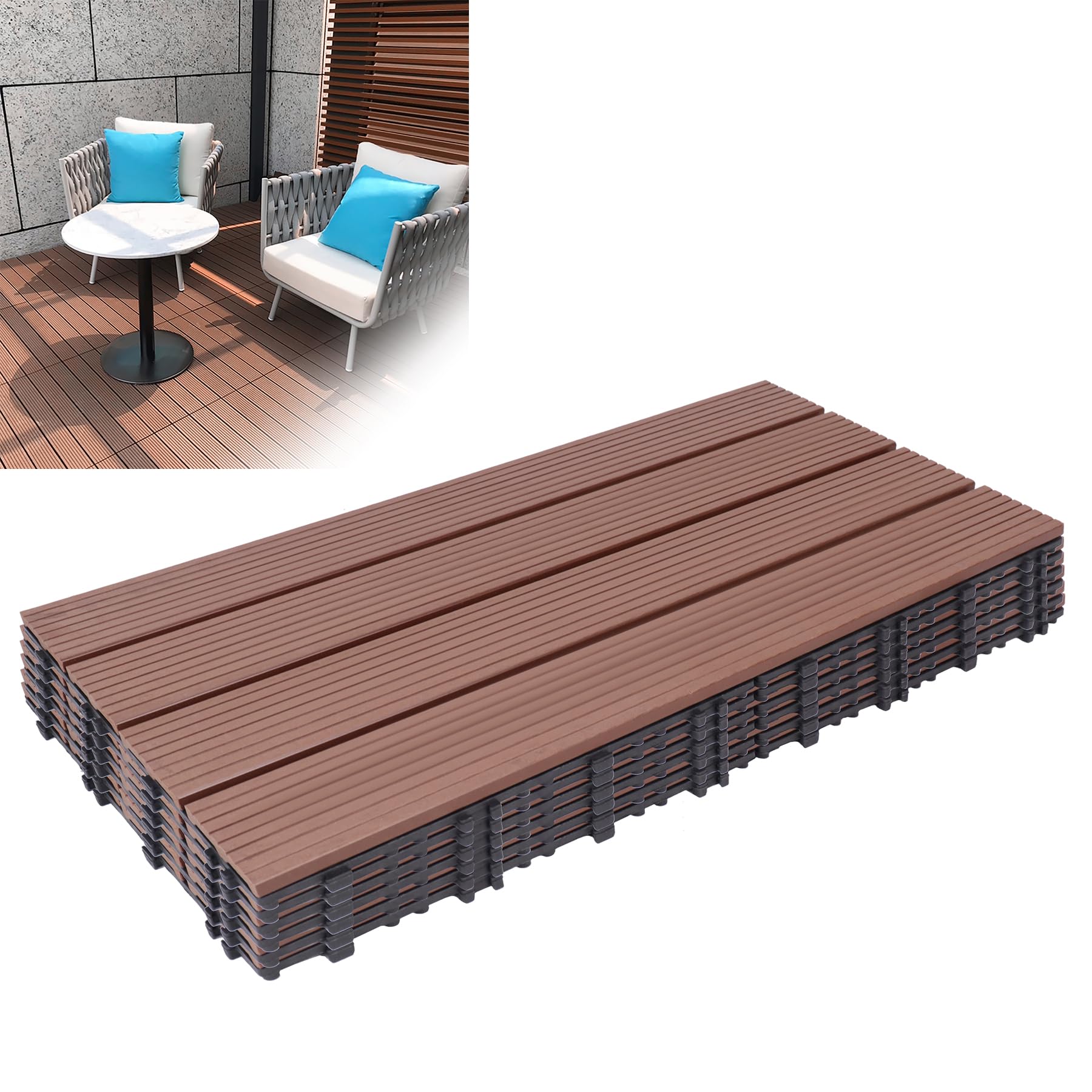 Froadp WPC Pavimenti di Legno per Esterno, 60x30cm Tavole di Terrazza, Pavimentazione Impermeabile con Sistema di Drenaggio e Click, Piastrelle Antiscivolo per Balconi Giardino (3㎡, Marrone)