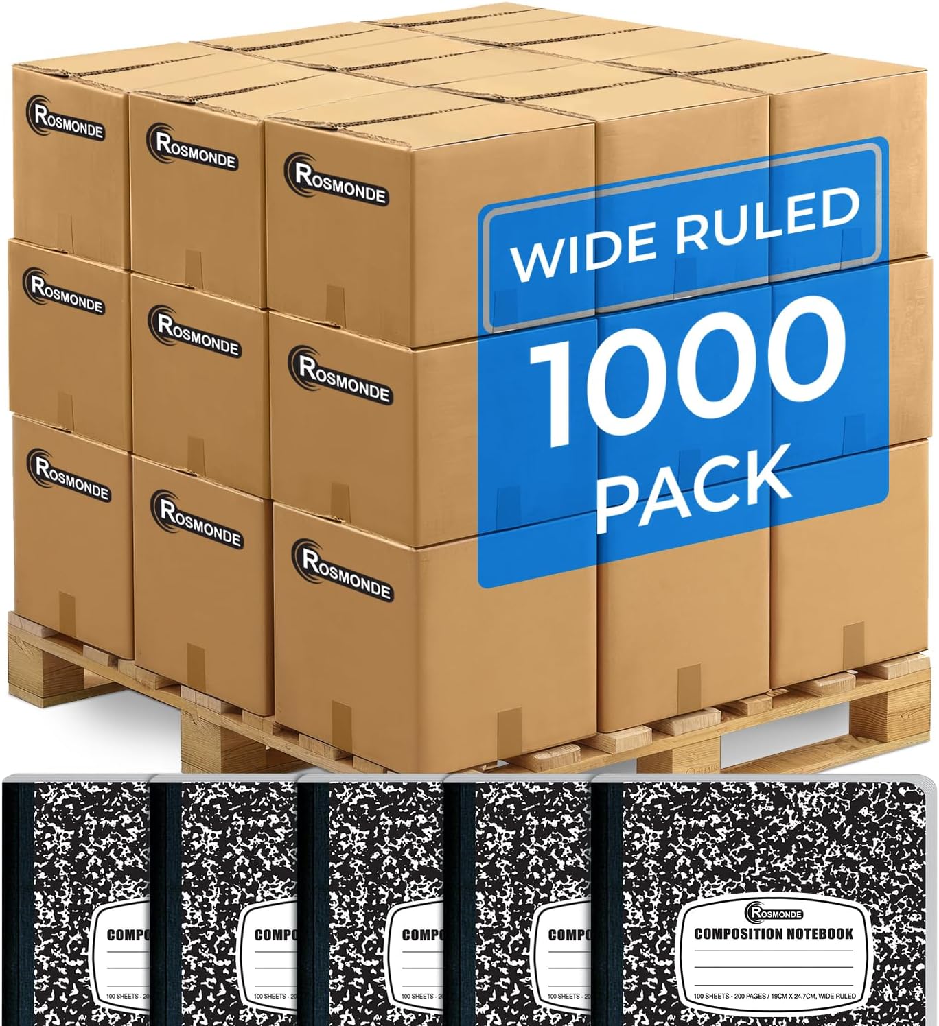Rosmonde 1000 Pack (Pallet) Composition Notebooks Bulk, Wide Ruled, Pallet of Notebooks, 100 Sheets (200 Pages), 9-3/4 x 7-1/2, Bulk Notebooks for School, Bulk Office Notebooks, 4-7 Days Transit