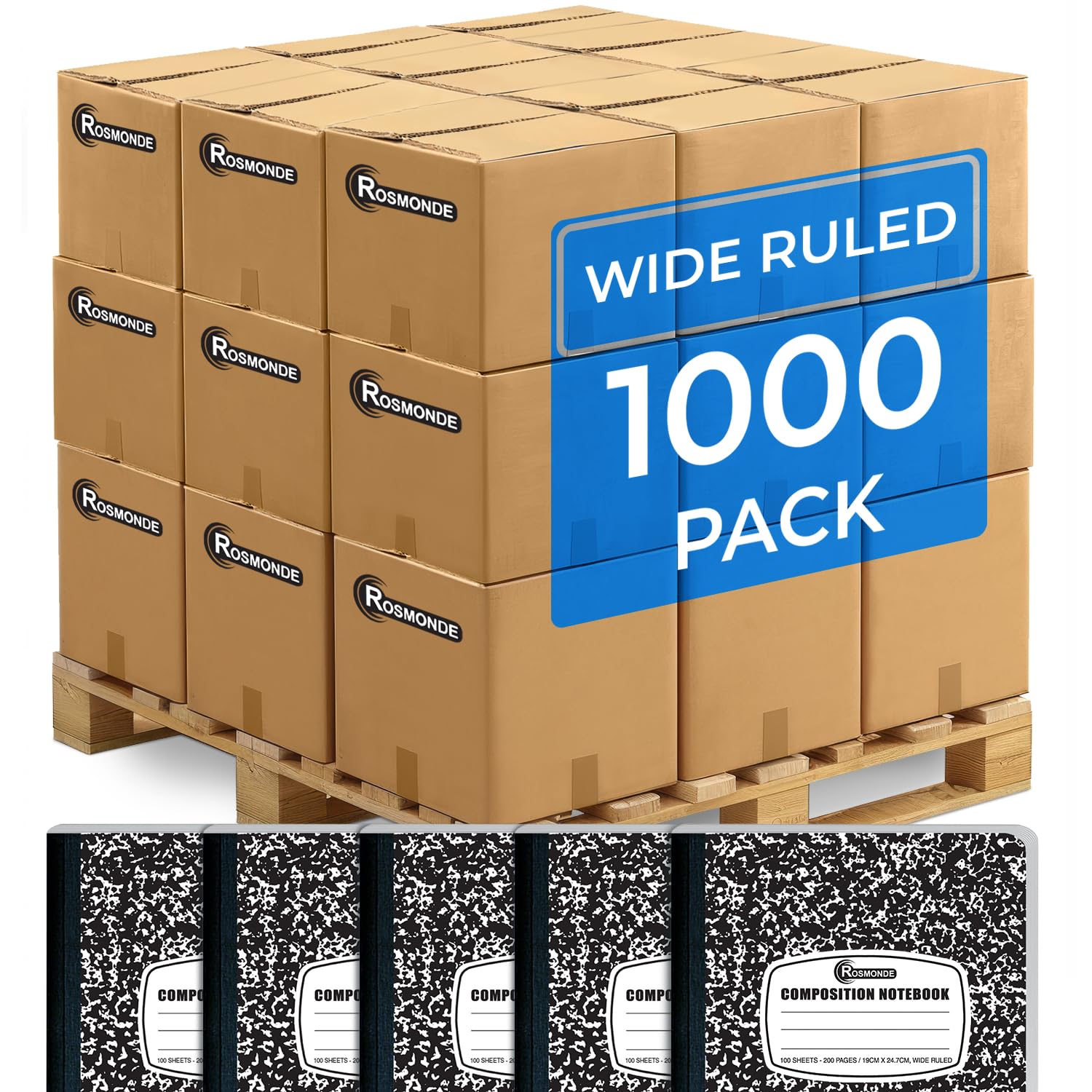 1000 Pack (Pallet) Composition Notebooks Bulk, Wide Ruled, Pallet of Notebooks, 100 Sheets (200 Pages), 9-3/4 x 7-1/2, Bulk Notebooks for School, Bulk Office Notebooks, 4-7 Days Transit