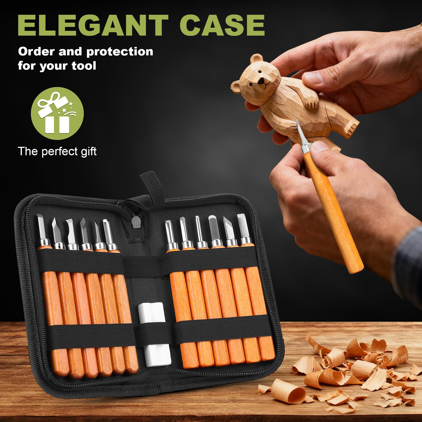 EOJDDPA Holzschnitzwerkzeug Set 12 teiliges Schnitzset mit Handschuhen, inkl. Anleitung & Lindenholz, Kreativ & sicher