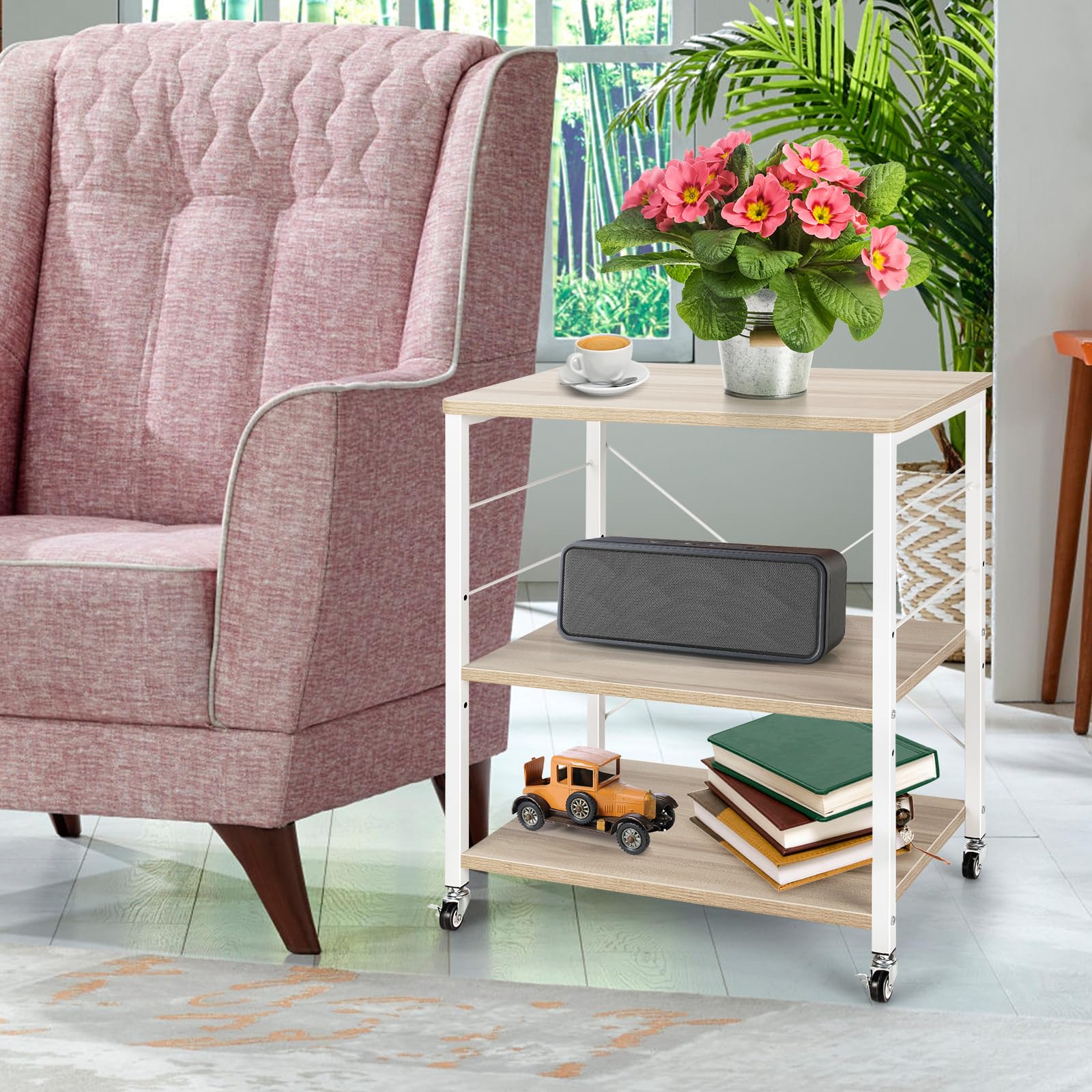 HOMASIS Carrello Porta Stampante a 3 Livelli in Legno, Carrellino con Ruote Portatutto con 10 Ganci, Struttura a X, Ripiani Regolabili 2 Ruote con Freni, Scaffale Multiuso per Ufficio (Beige)