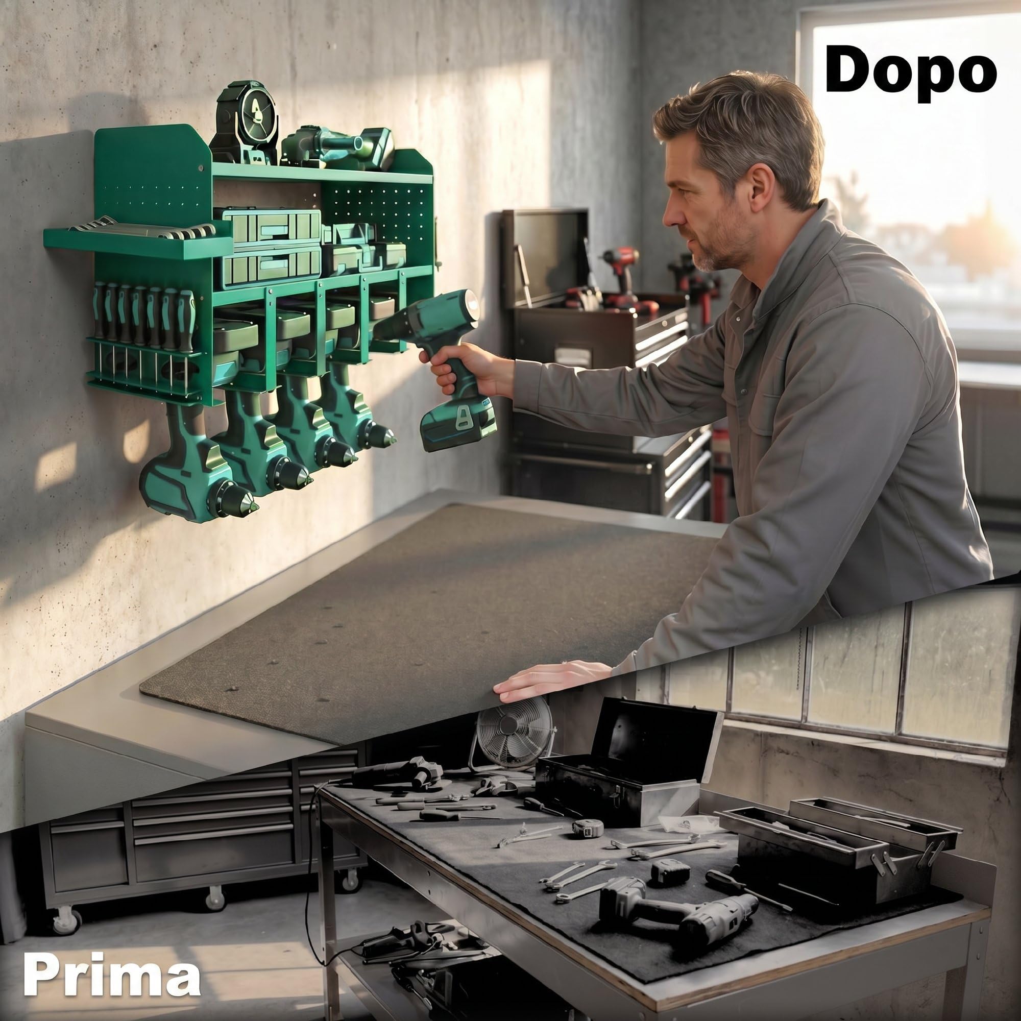 Outsunny Organizer per Utensili Elettrici, Porta Attrezzi da Parete, Supporto Heavy Duty per 5 Trapani Elettrici, in Metallo con Vassoio Laterale e 4 Ganci per Garage, Capanno, Officina, Verde