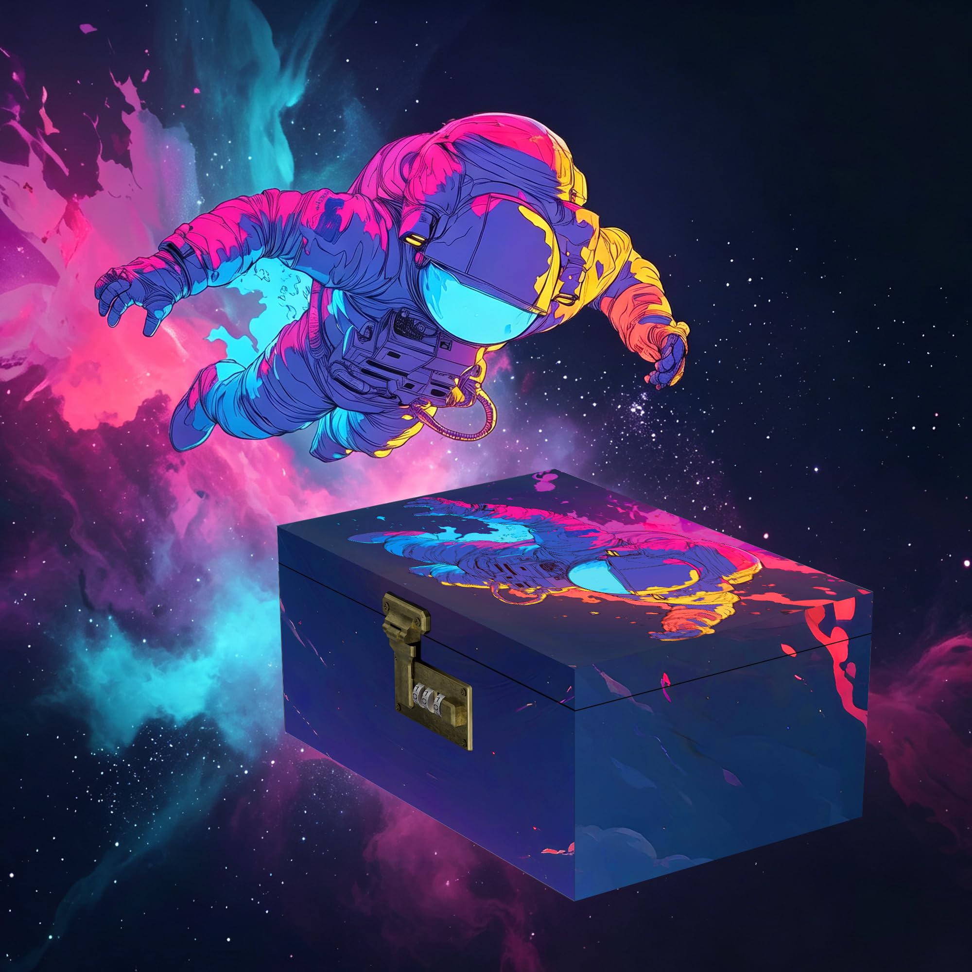 Große Bambusbox mit Zahlenschloss,Dekorative Aufbewahrungskiste aus Holz für Zuhause,Stash Storage Lock Box mit 3 Gläser,Verschließbare Souvenirbox zur Aufbewahrung Holzkiste mit Zubehör(Astronauten)