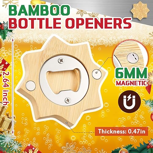 Miniatura 2 de Vesici Abrebotellas magnético de 2.5 pulgadas, diseño de copo de nieve de bambú, abrebotellas de madera, para nevera, regalo para amantes de la