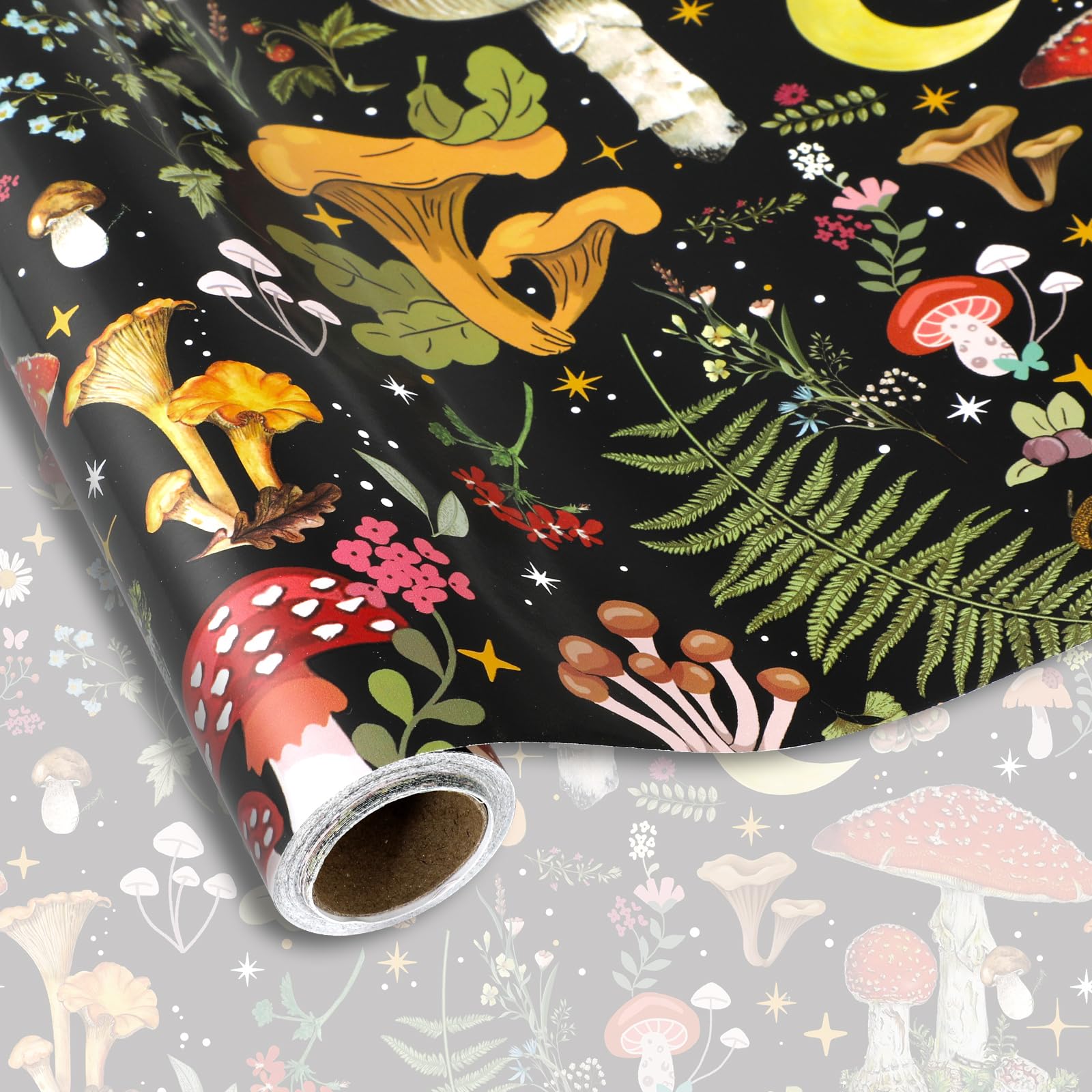 FYSUIMU Mushroom Wrapping Paper -Mini Roll- 17In x 32.8Ft Black Mushroom Plant Gift Wrap Paper Craft Paper for Party Packing Supplies