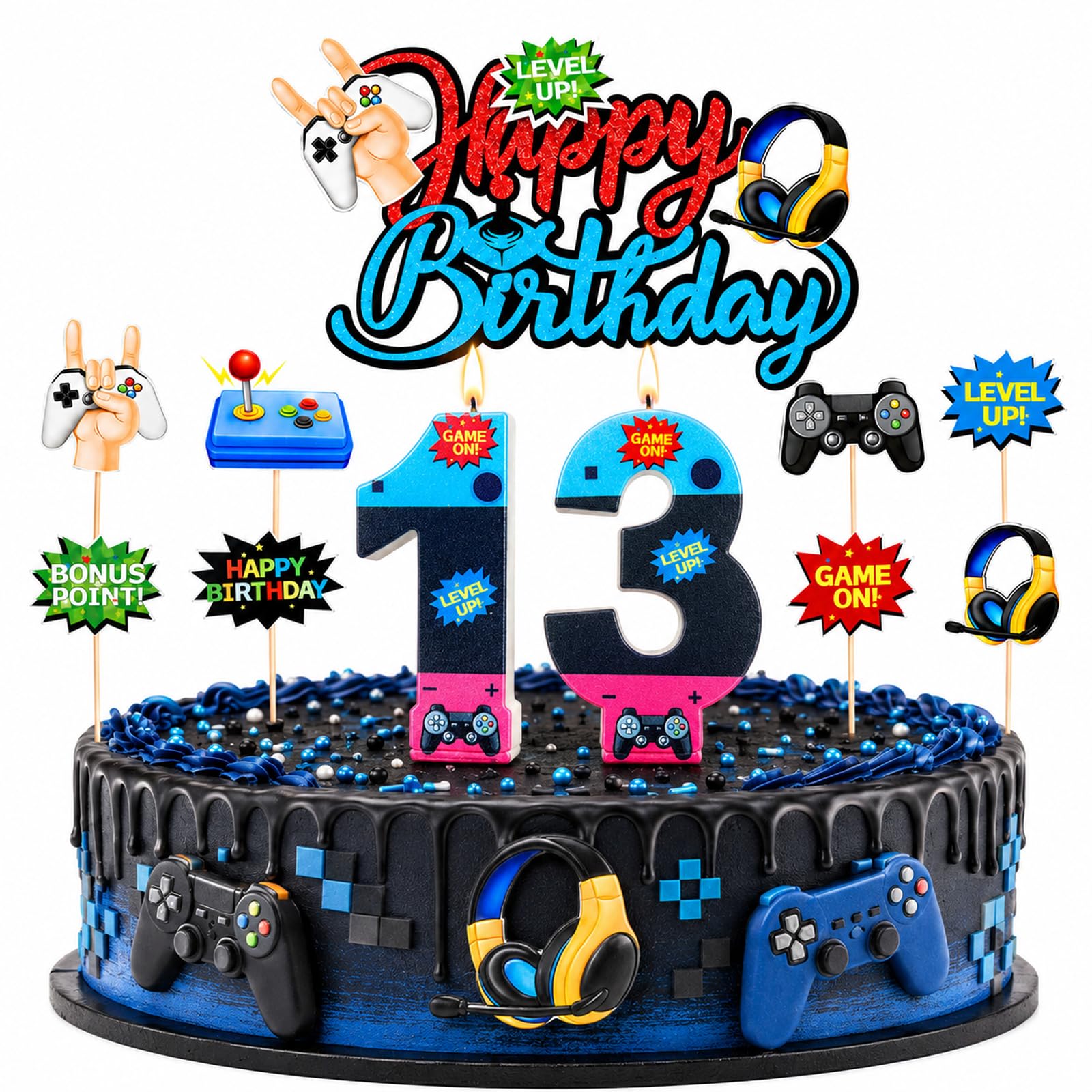Bolosa 13th Birthday Candles & Gaming Cake Topper Set,11 Pcs Game 13th Birthday Cake Decorations with Number 13 Candles,Level Up Cake Topper for Teen Gamers Boys Girls Birthday,13 Birthday Decorations