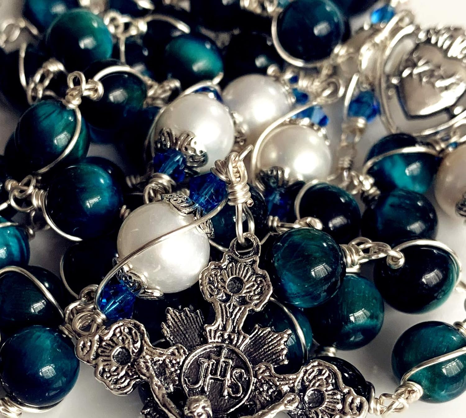 elegantmedical HANDMADE Sterling Silver Wire Wrapped Blue Tiger Eye Beads & Real Pearl Rosary Cross Necklace Catholic GIFTS - Image 6