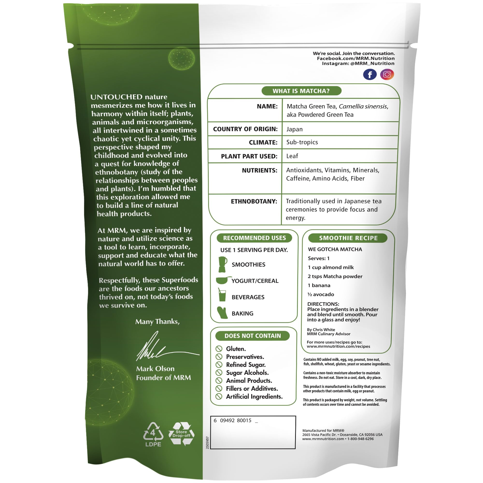 MRM - Raw Matcha Green Tea Powder - 6 uncji.