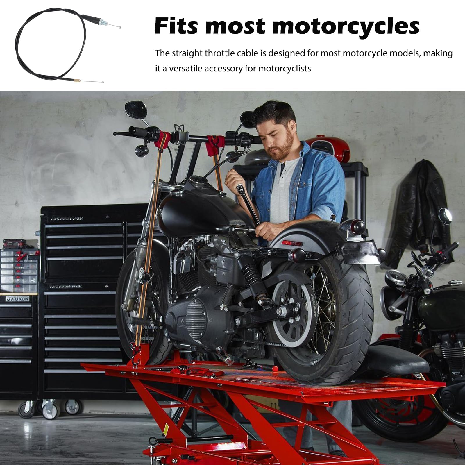 Motocyklowy przewód gazowy 110 cm, prosta głowica, stal nierdzewna i powłoka z tworzywa sztucznego, uniwersalne zastosowanie do motocykla, wysoka niezawodność i łatwa instalacja, uchwyt szybkiego gazu