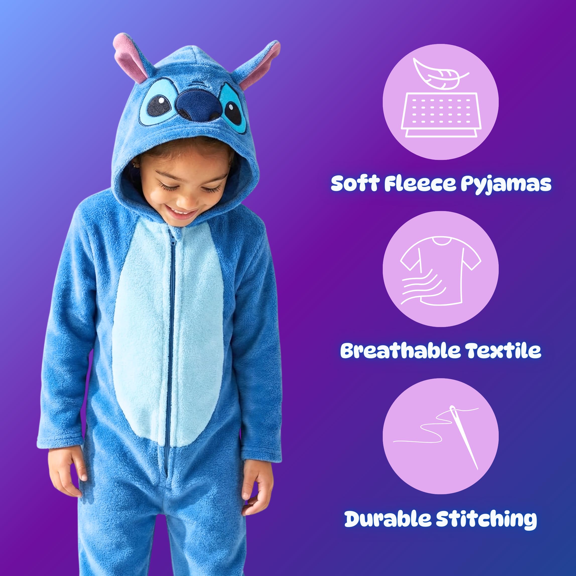 Disney Stitch Pyjamas pour Filles, Pyjama Une Pièce en Polaire Douce à Capuche 3D pour Enfants, Tailles 3 à 8 Ans