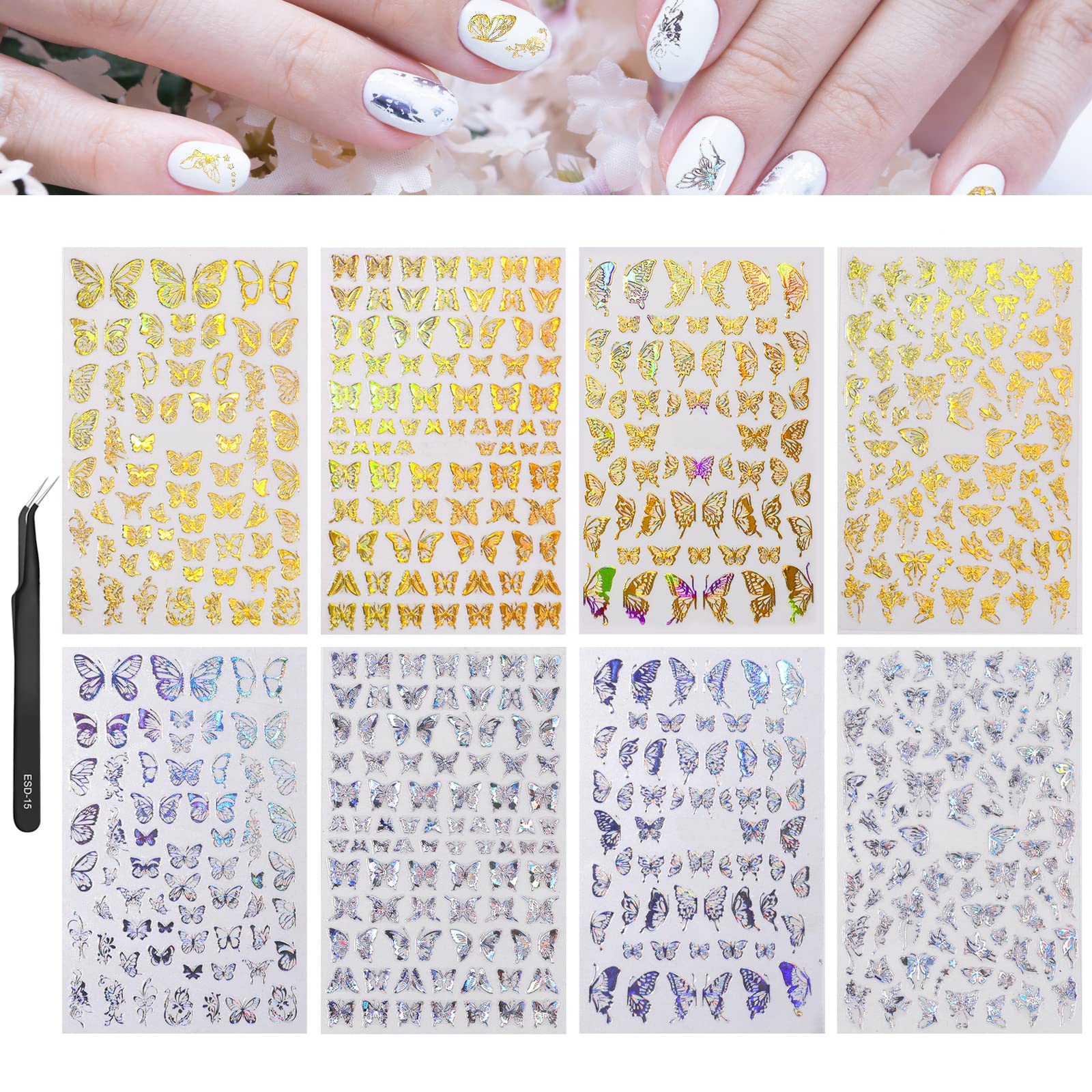 Butterfly Nail Art Stickers, 8 Sheets 3D Nail Art Decals Adhesive Laser Bronzing Gold Silver DIY Butterfly Nail Stickers for Acrylic Nails Women Nail Art Decoration Decals with 1Pcs Antistatic Tweezer