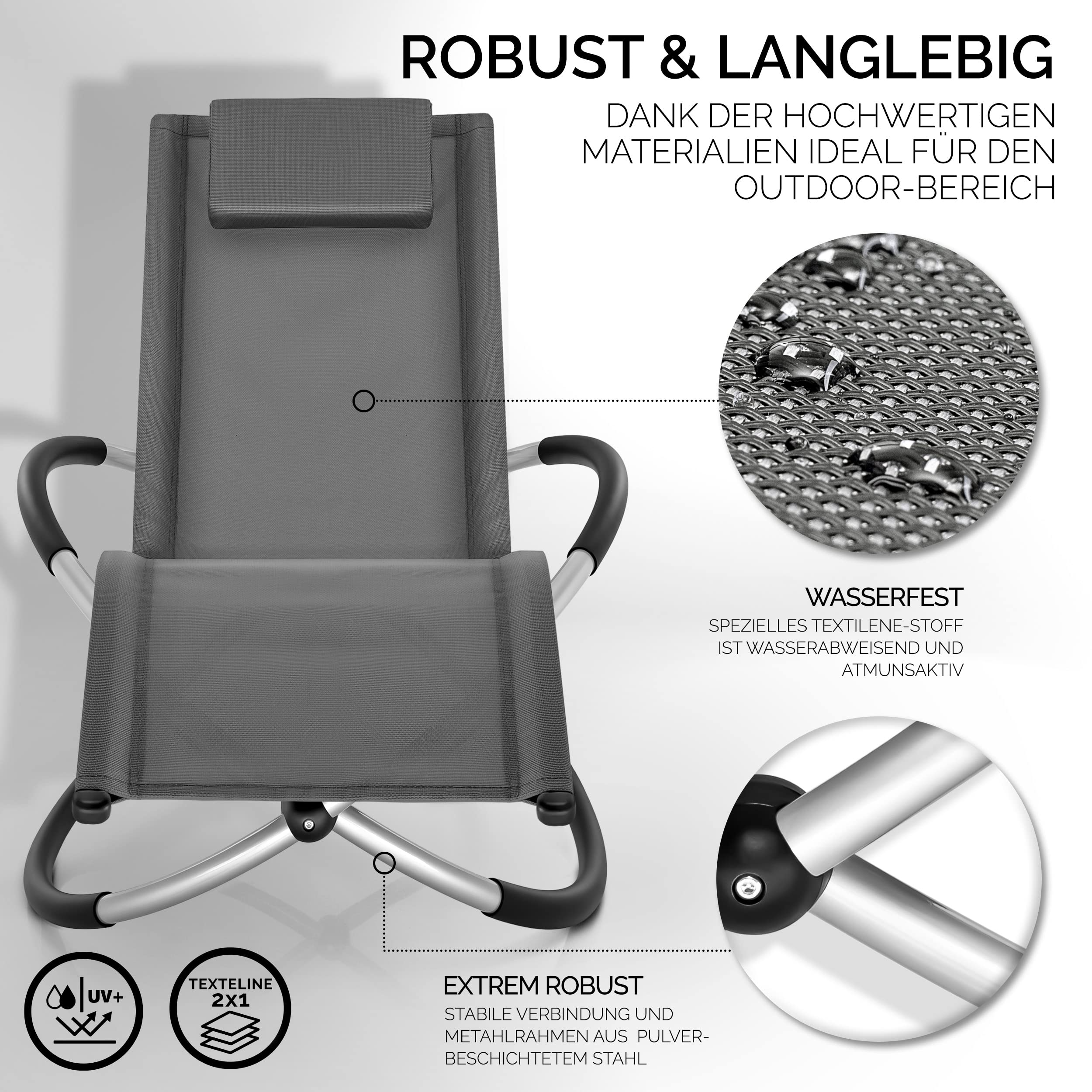 tillvex® Relaxliege Garten Wetterfest bis 180 kg | Liegestuhl atmungsaktiv | Gartenliege Schwungliege Outdoor | Sonnenliege Liegestuhl Terrasse, Balkon & Camping | Schaukelsessel Relaxsessel ergonomisch