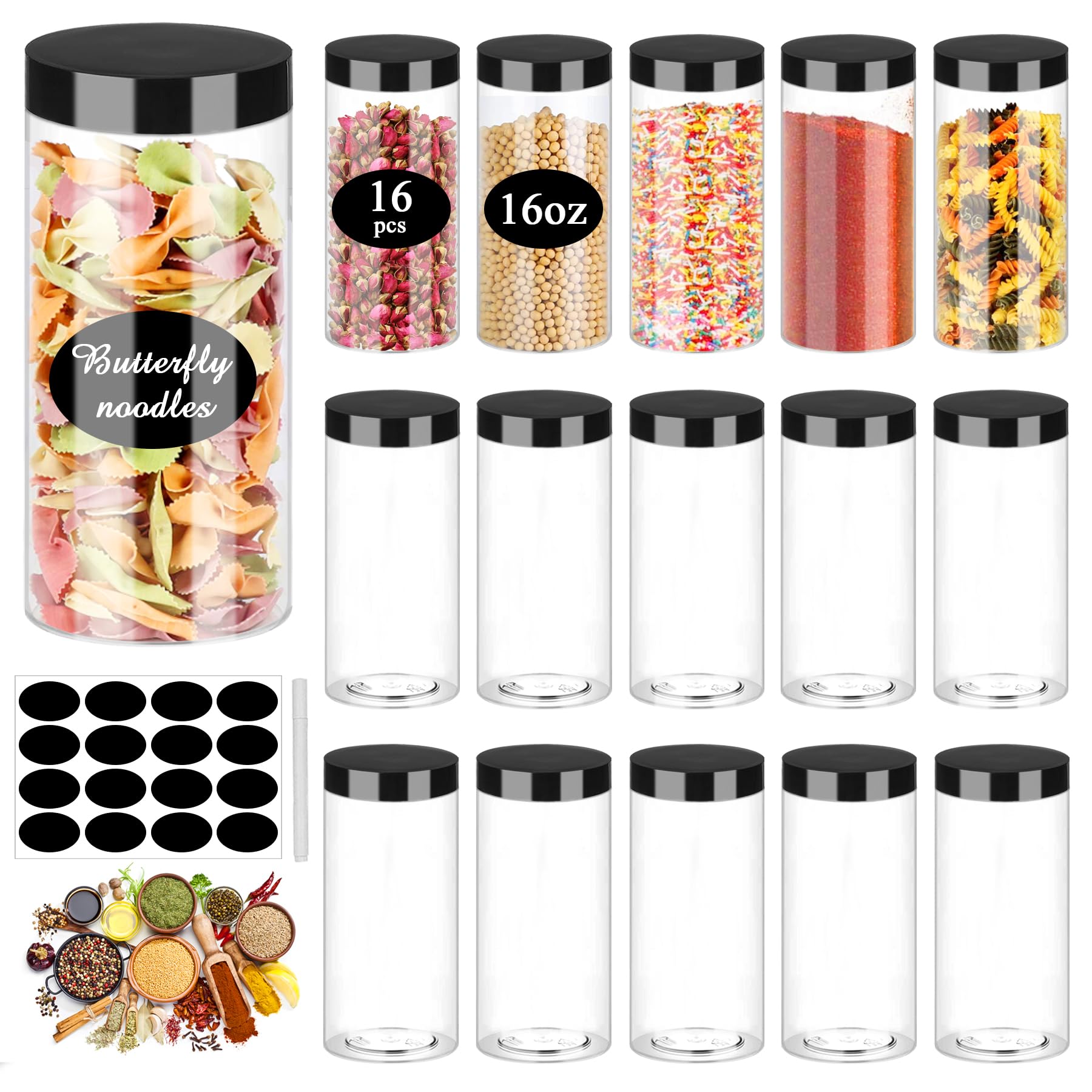 SLifeJars Plastic Jar with Lids 16oz Clear Empty Containers 16Pcs Straight Cylinders Storage Jars with Airtight Black Lid Stackable Refillable Round