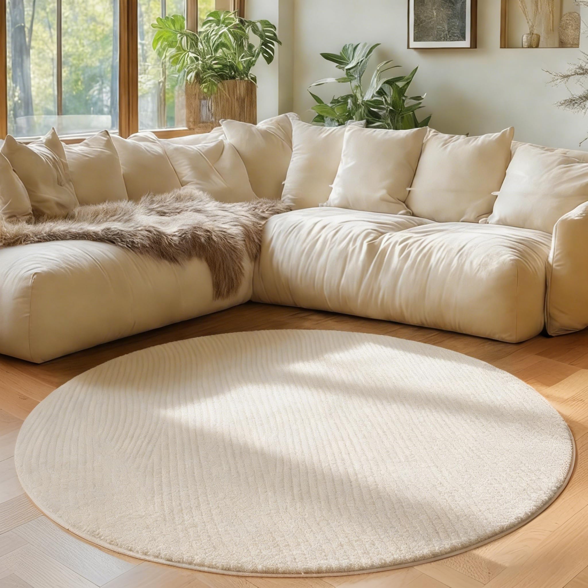 Edlbaegy Rugs Living Room Cream 160cm Round Rug Non Slip Fluffy Floor Carpet Non Shedding Modern Rugs for Bedroom Kid Room Lounge Bathroom — image 1