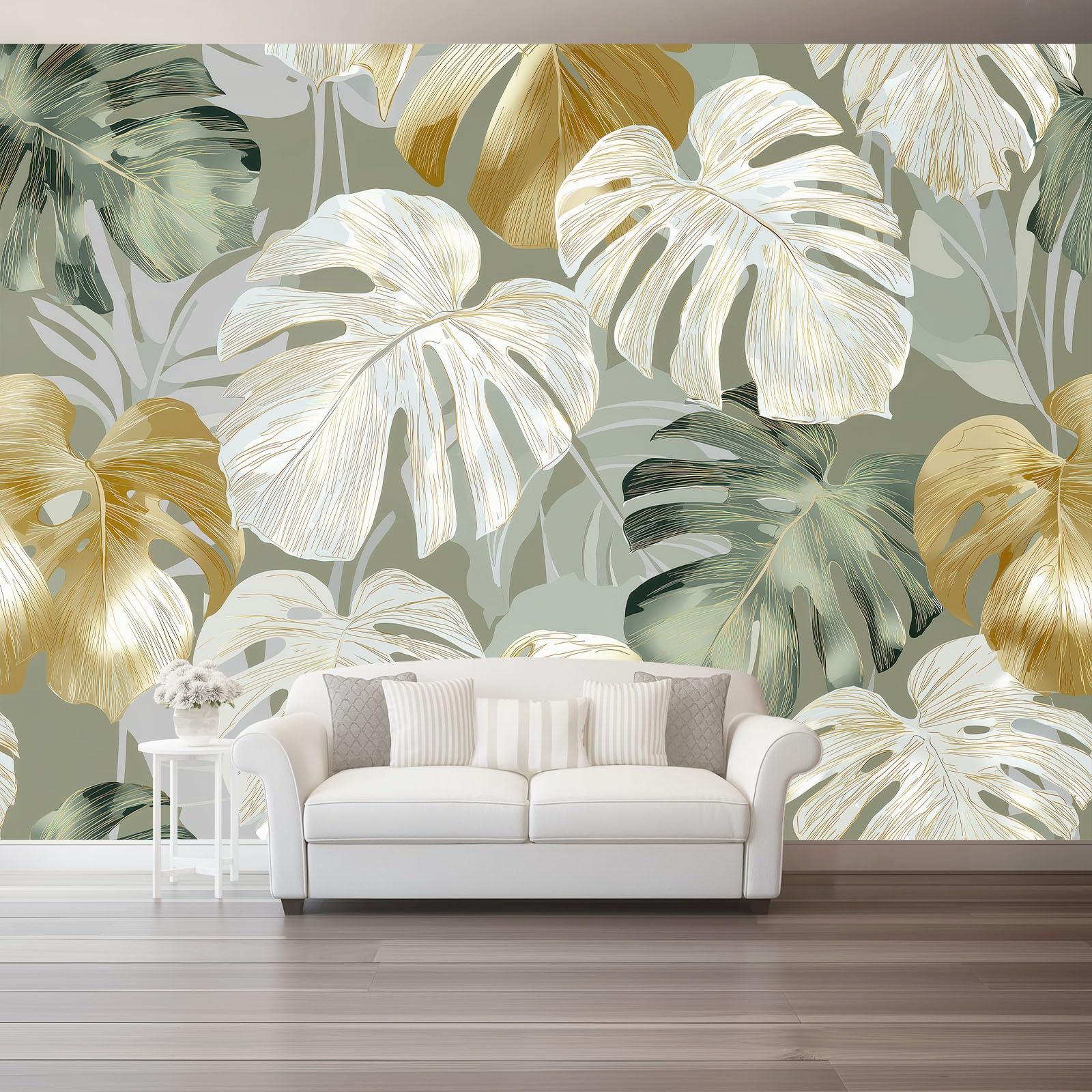 Tapeta ścienna 400 x 280 cm do salonu sypialnia kuchnia - luksusowy tropikalny wzór liści monstera - łatwy w montażu, druk o wysokiej rozdzielczości, wodoodporny i łatwy do czyszczenia, zielony