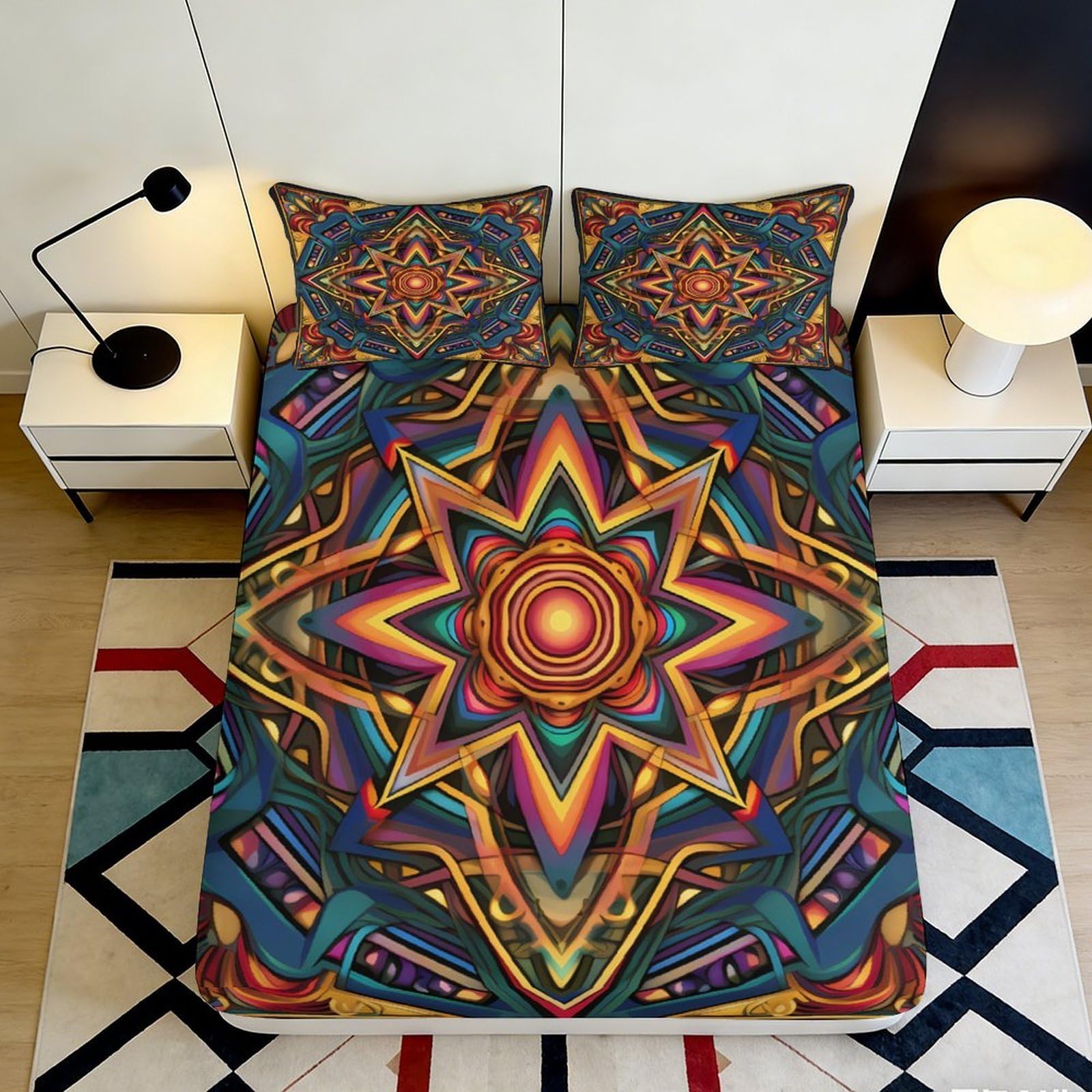 3D Printed Mandala Art Fitted Sheet Microfiber Soft Breathable Kaleidoscope Mattress Cover for Bedroom Dorm Bed Decor 90x200x25cm