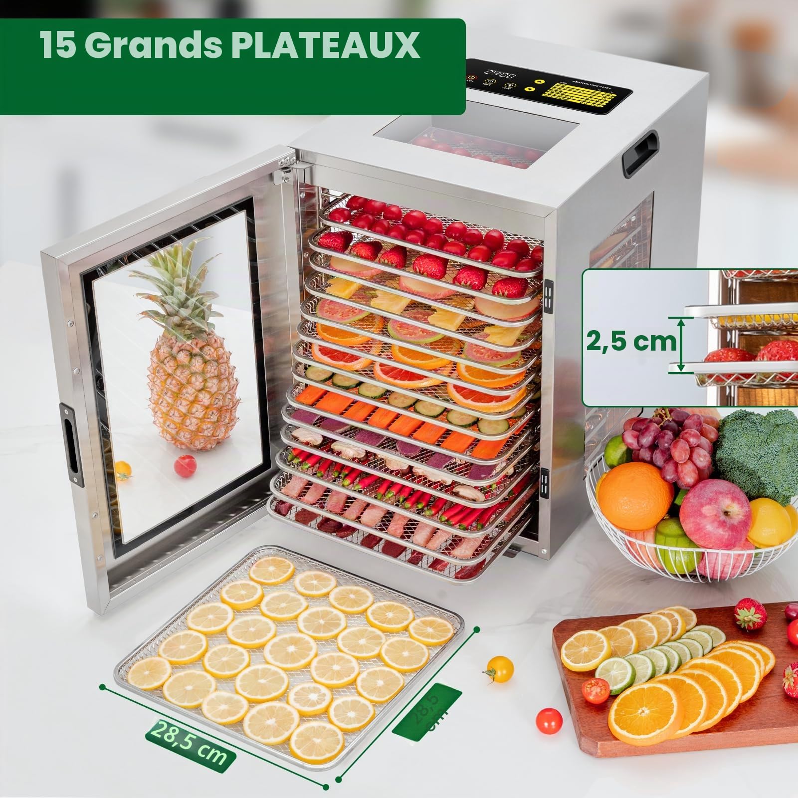 Kwasyo Deshydrateur Alimentaire en Acier Inoxydable 15 plateaux, 1200W à Double Ventilateur pour Jerky, Friandises pour Chiens, Fruits, Herbes, Viande, Surveillance Multi-Fenêtres Séchage Puissant